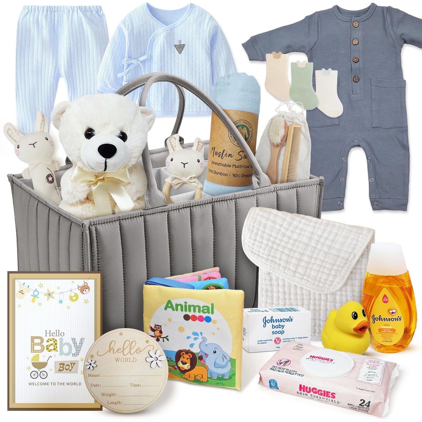 New Baby Boy Gift Basket | Unique Gift Set in a foldable diaper bag for a New MOM Light Blue Gift Set. Welcome Baby Care Package w/Newborn Essentials for Expecting Moms Baby Shower, After Labor Gift