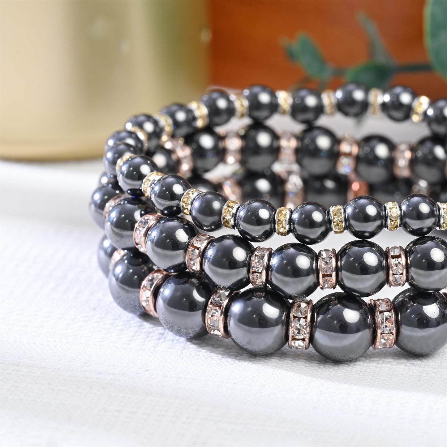 Apocalyptic-K Women's Magnetic Bracelet，Hematite Bracelets，Magnetic Bracelets With Zirconia,Handmade Stretch Bracelet，Eliminates static electricity. (Rose Gold Zirconia,10MM)