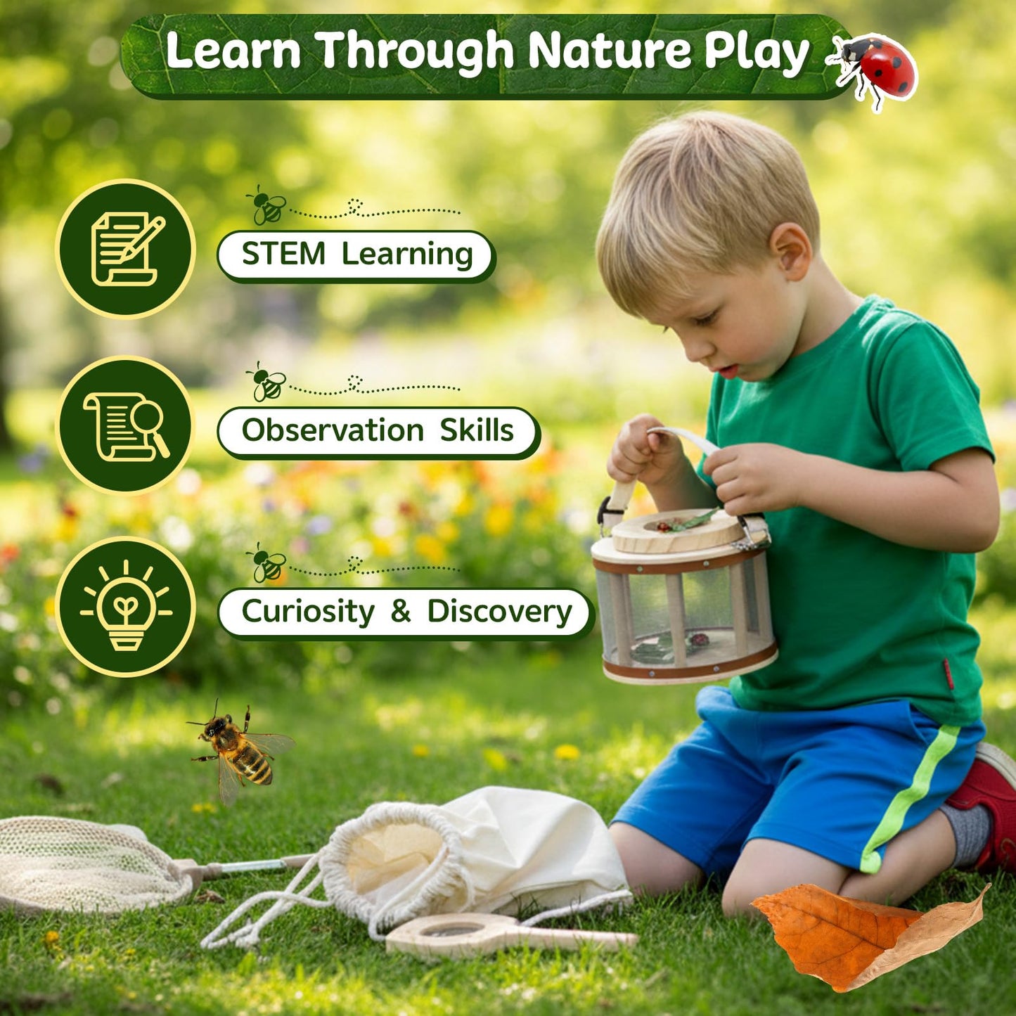 GAGAKU Kids Bug Catching Kit with Backpack - 8 in 1 Outdoor Explorer Set with Net, Wooden Box & Magnifying Glass, STEM Science Educational Toys Gifts for Boys Girls Ages 4-12