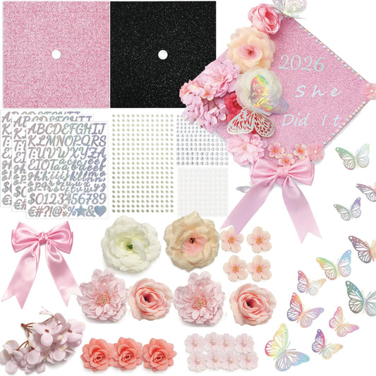 42PCS Graduation Cap Decorations Kit 2026, Pink DIY Grad Cap Topper Set with Glitter Topper Boards, 3D Butterflies, Letter Stickers, Pearls, Rhinestones, Flowers for Class of 2026