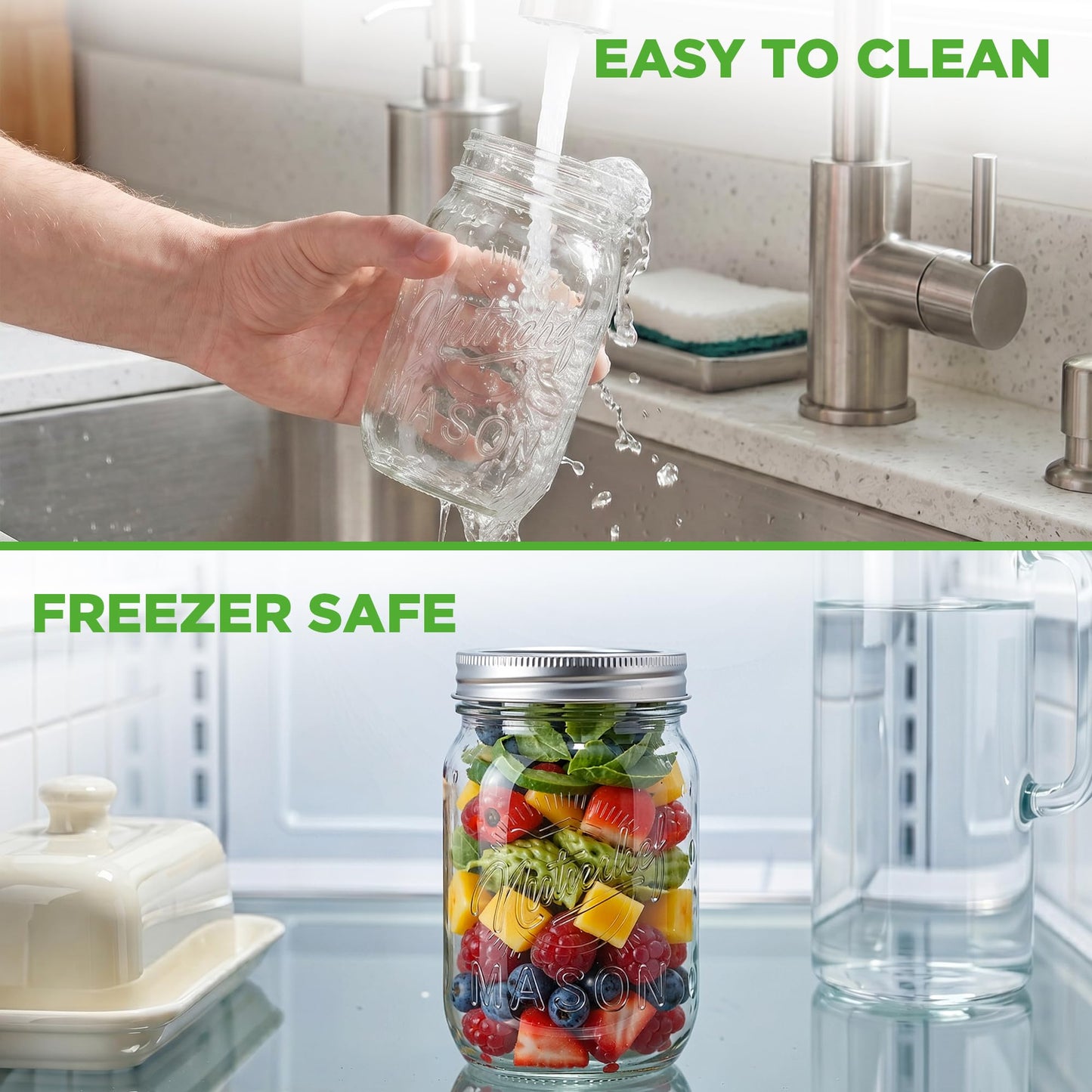 NutriChef 4-Pack 16 oz Mason Jars with Lids - Thick Glass Canning Jars with Stainless Steel Lids - Ideal for DIY Spices, Meal Prep, Overnight Oats, Jelly, Jam, Honey, Candles, Crafts, & More