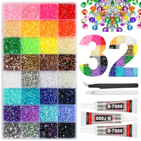 38000Pcs 32 Colors Resin Jelly Gems for Bedazzling Kit, 3mm Multicolor Flatback Rhinestones for Diamond Art, Bedazzler Kit with 3 Pcs B7000 Glue for Clothes, Shoes, Nails, Jewelry Making Crafting