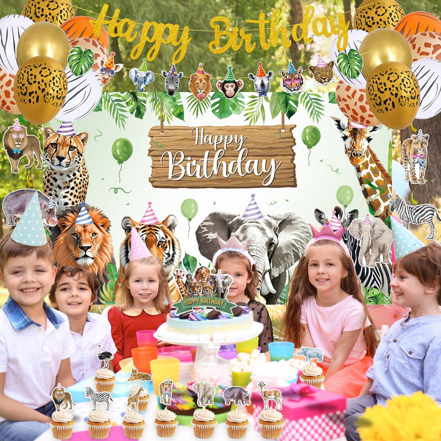 Roetyce Safari Animals Birthday Party Decorations, Jungle Wild Animals Happy Birthday Banner Balloons Hanging Swirls Cake Topper Kit, Safari Themed Birthday for Kids Photo Background Backdrop