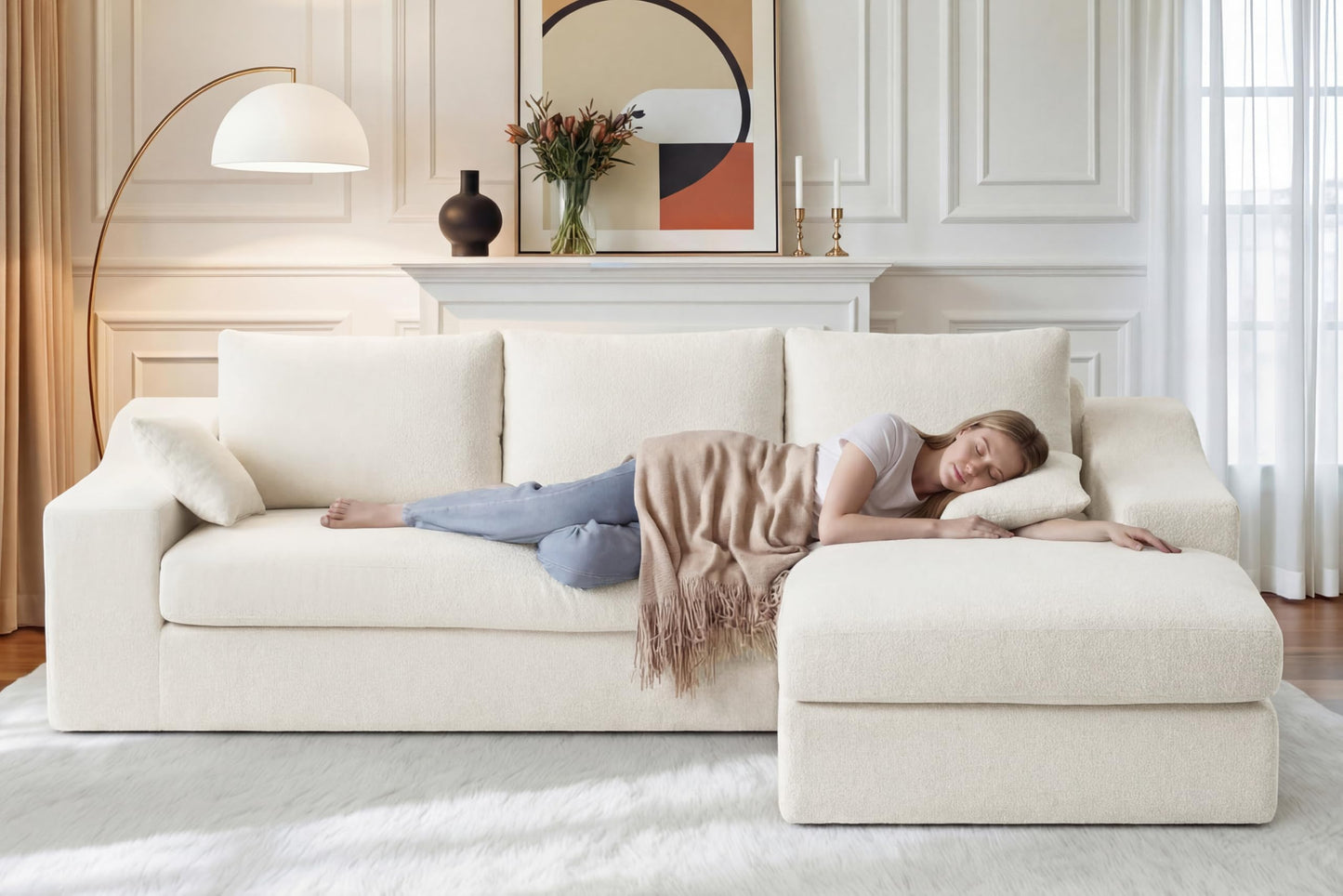 HABUTWAY 101'' Modular Sectional Sofa, Cloud Sectional Couches for Living Room, Comfy Boneless Couch with Deep Seat, Modern L-Shape Sofa with Chaise, No Assembly Required (Beige, Right Facing Chaise)