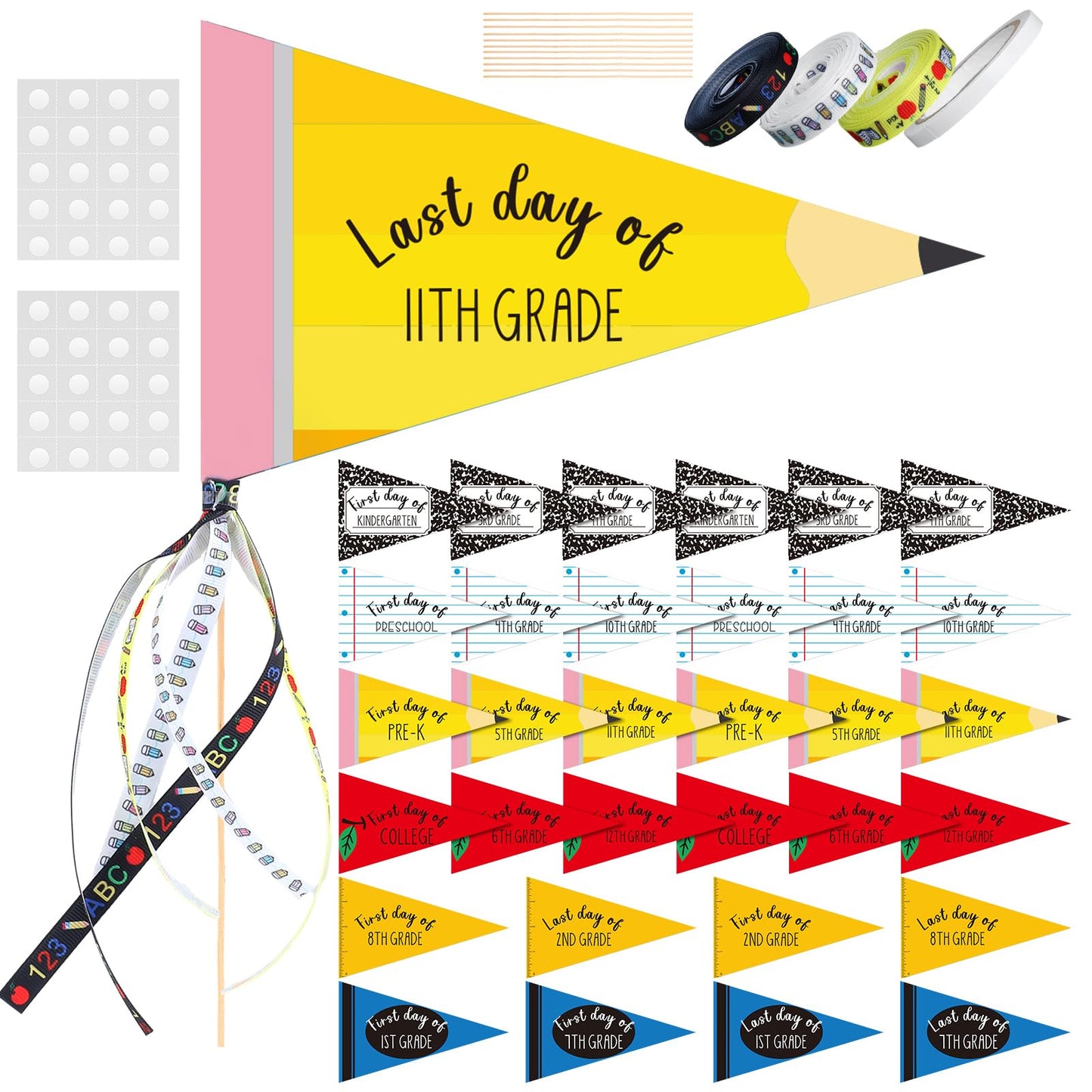 Poola Voidra 64 Pcs First & Last Day of School Flag Kit with Ribbon Stick Back to School Pennant Decor First Day of Preschool Flag Reusable 17 Grades Photo Prop for Preschool to College Classroom