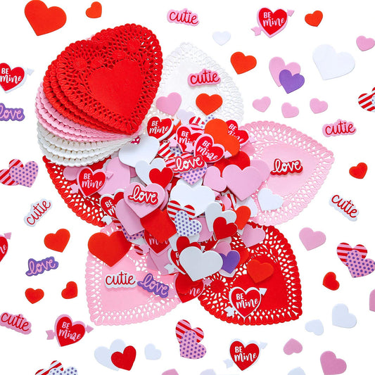 300 Pieces Valentine's Heart Doilies and 500 Pieces Foam Heart Stickers, Mini Paper Heart Doilies Adhesive Stickers for Wedding Decoration Valentine‘s Day Party