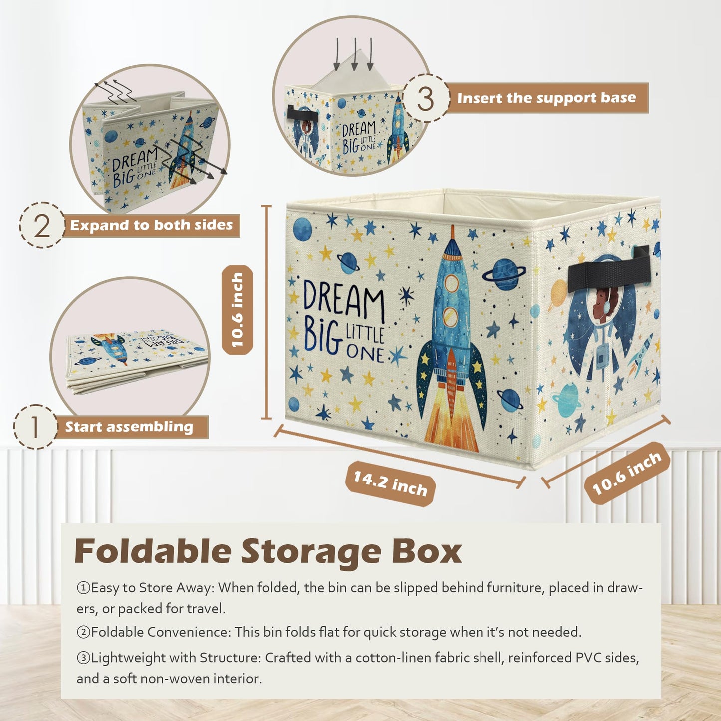 Ghoaoivo Space Nursery Storage Box Bins, Fantasy Spaceman Rocket Starry Planet Cosmic Collapsible Storage Basket Organizer for Boys Kids Room Laundry Room Clothes Toys Books, Toybox for Boys