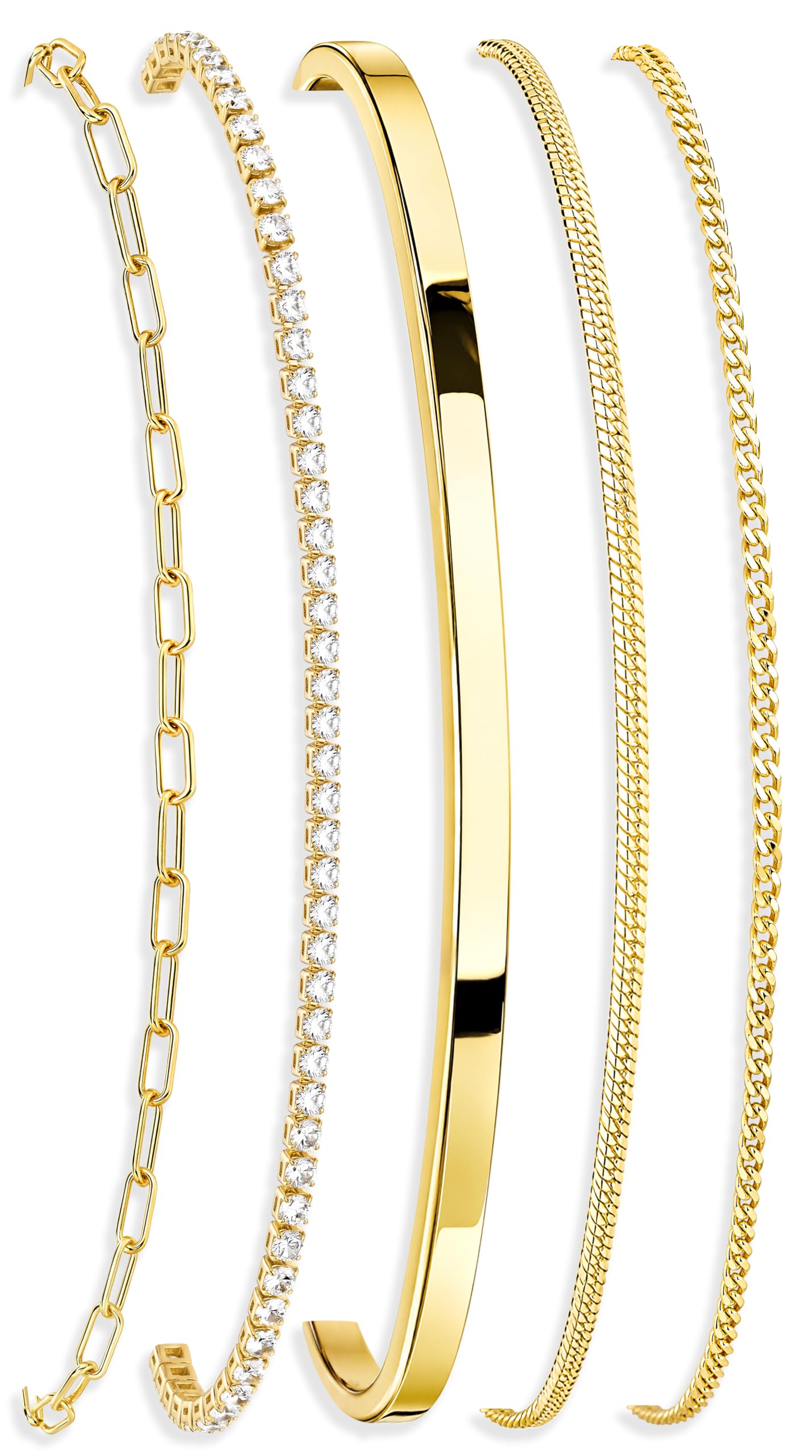 Gold Bracelets for Women 14K Gold Plated 5Pcs Dainty Bracelet Set - Waterproof Tarnish Free Stainless Steel Jewelry - Quiet Luxury Stackable Paperclip Herringbone Cuban Tennis Cuff Chain Gifts