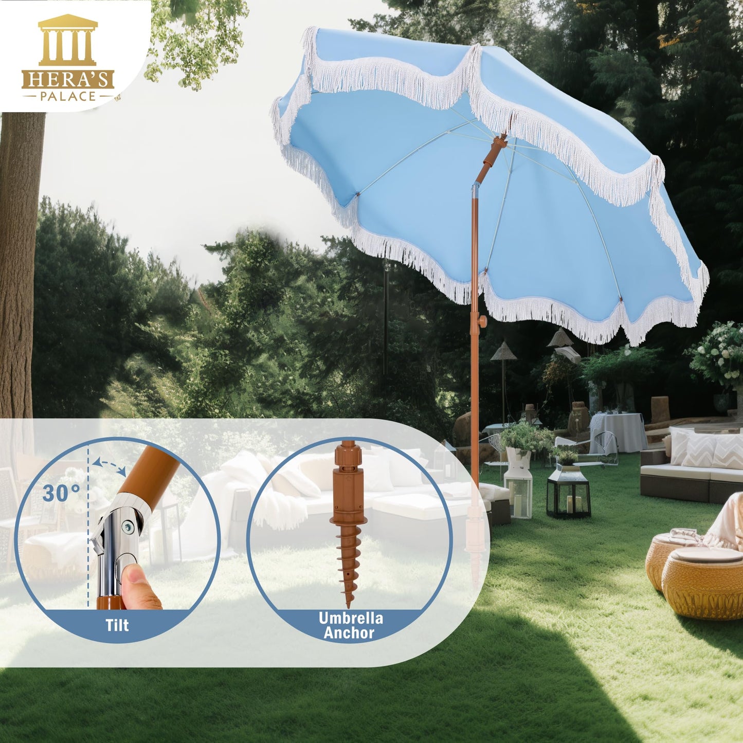 HERA'S PALACE 7 ft Heavy Duty Beach Umbrella with Sand Anchor, Fringe Umbrella for Sand, UV 50+, Patio Umbrella with Tilt Pole for Garden Pool Backyard