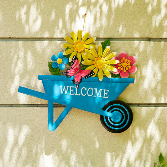 Glitzhome Cart Decorative Garden Stakes, Spring Metal Yard Decor with Lifelike Flower or Wall Decor, Flower Barrow Stake Garden Signs for Outside, 30” H