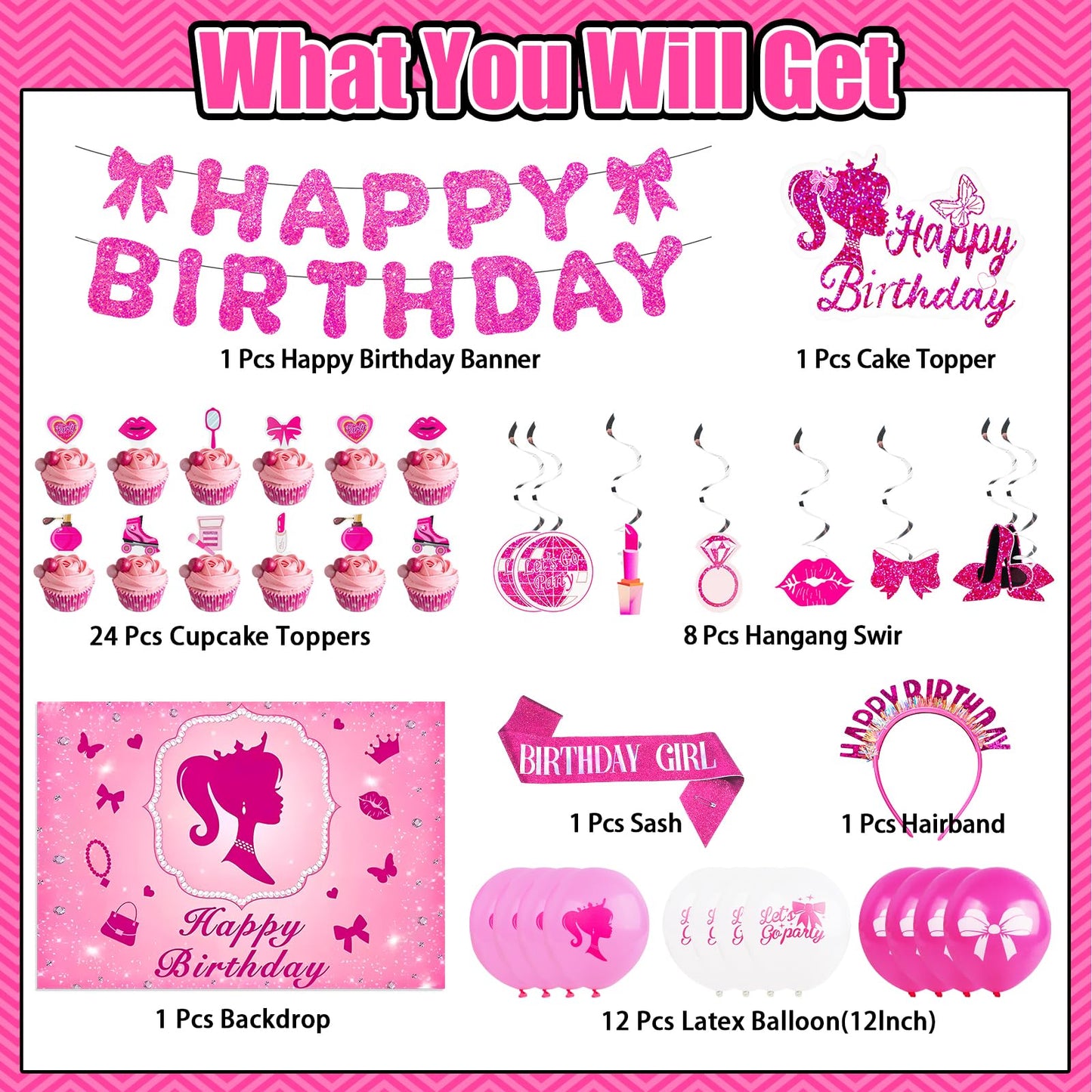 Hot Pink Birthday Party Decorations Supplies, with Pink Glitter Happy Birthday Banner, Backdrop, Balloons, Hanging Swirls, Cake & Cupcake Toppers for Kids, Girls and Women