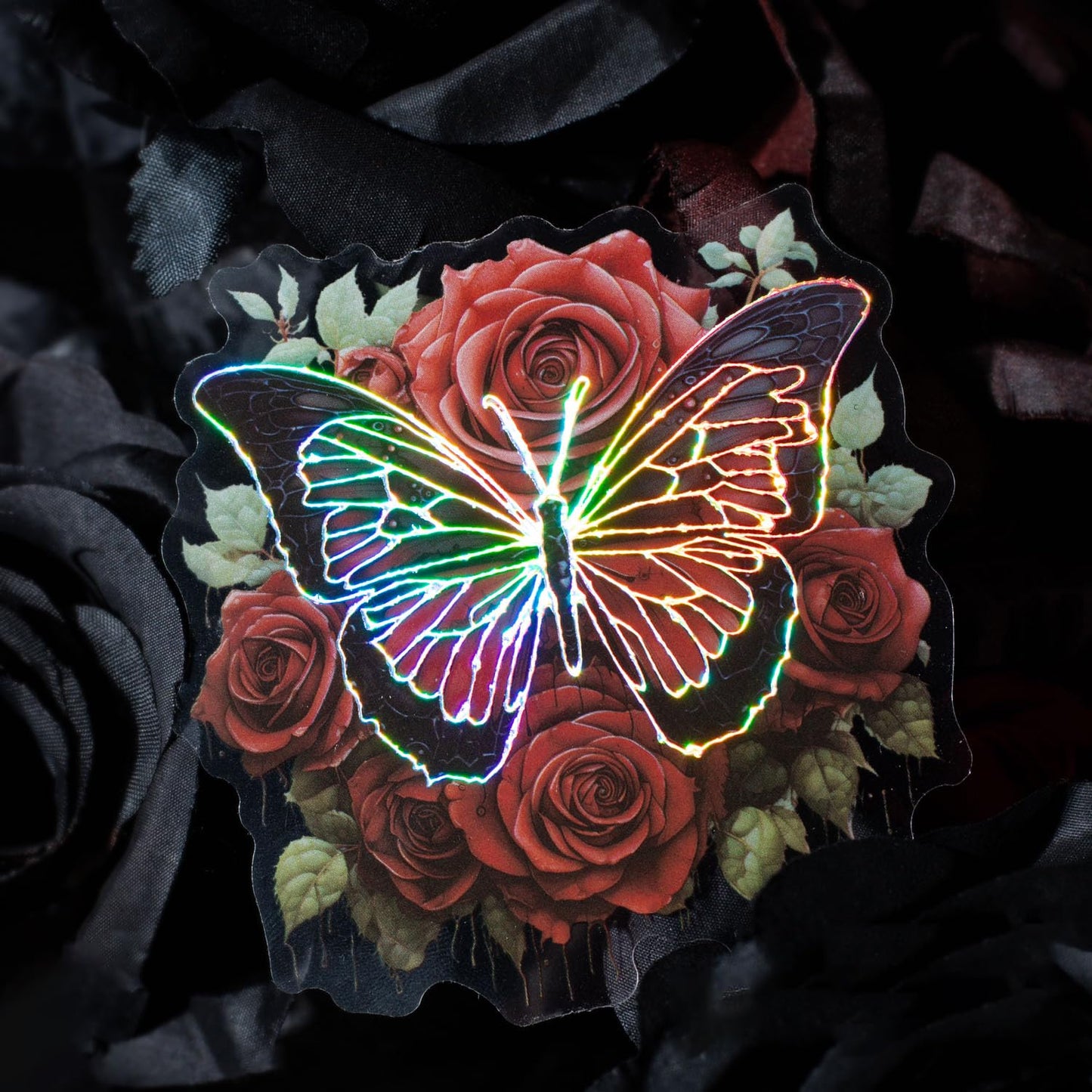 Yoksas 60Pcs Vintage Gothic Holographic Shiny Butterfly Flower Stickers - Clear Waterproof Dark Spooky Butterfly Stickers for Scrapbooking,Junk Journals,Witchcraft Supplies