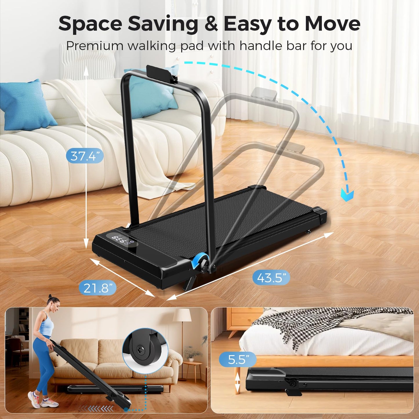 Walking Pad with Handle Bar, 2.5HP Walking Pad Treadmill, 3 in 1 Portable Under Desk Treadmills for Home Small Space, Foldable Folding Home Treadmill with Remote Control, 320LBS Capacity