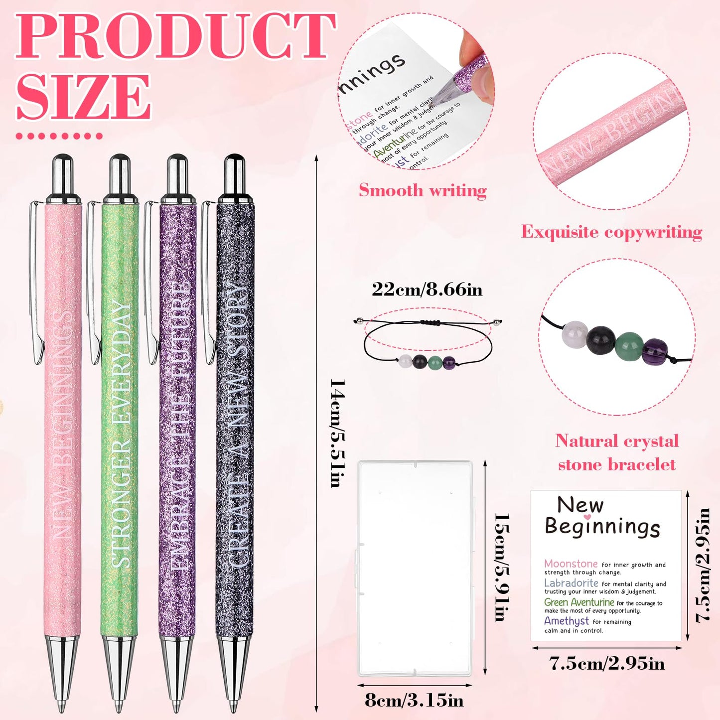 Set of 7 Going Away Gifts for Coworkers Women New Beginning Gift 4 Fancy Inspirational Ballpoint Pen and Crystal Bracelet with Card Goodbye Farewell Encouragement Leaving Job Office Present