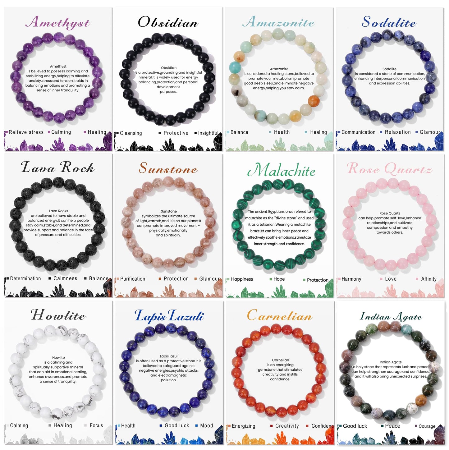 WAINIS 12PCS 8mm Natural Crystal Bracelets for Women Men Semi-Precious Gemstone Beaded Bracelets Round Beads Gemstones Stretch Yoga Bracelet Jewelry Gift