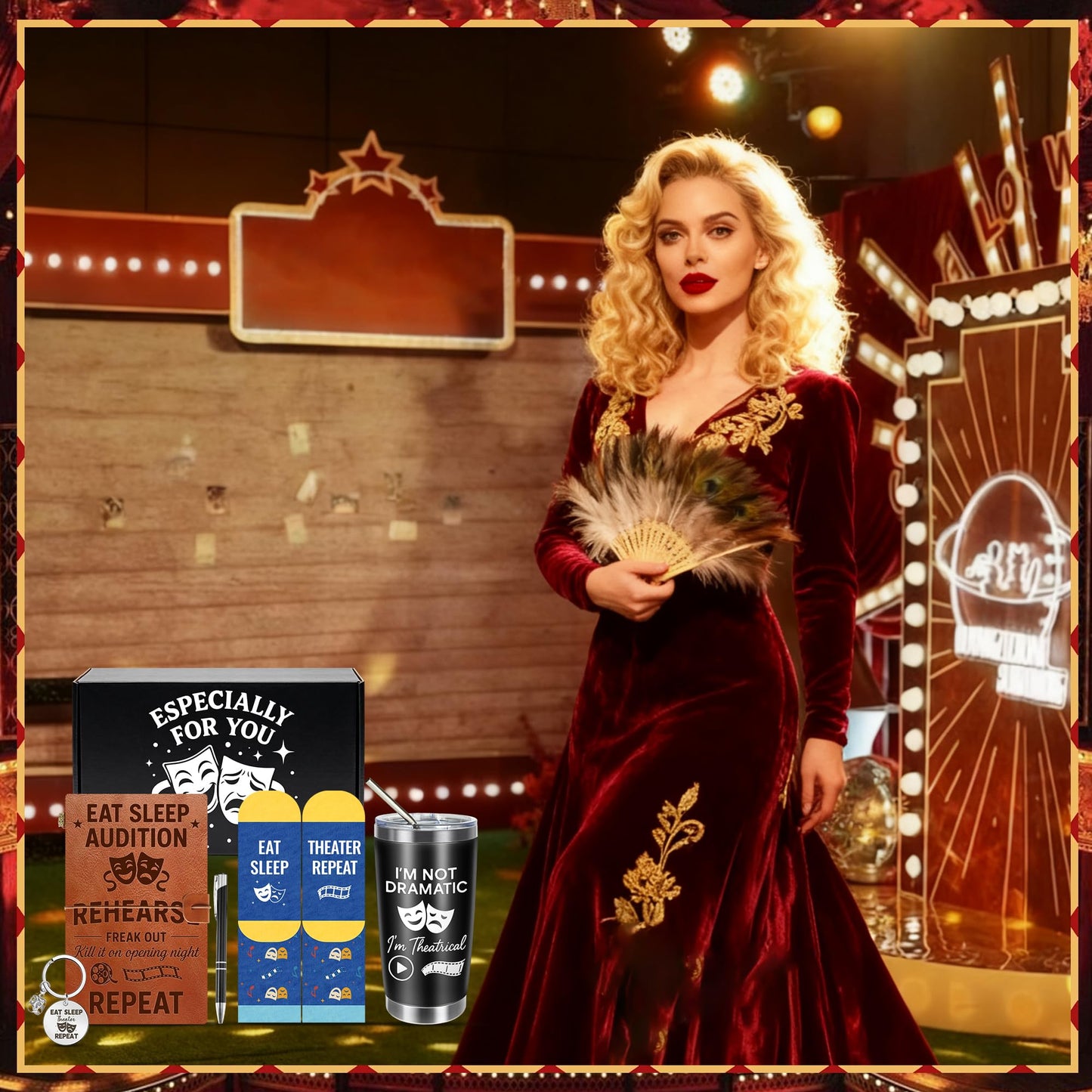 5 Pcs Theater Gifts Set - 20oz Tumblers, Leather Notebook, Pen, Socks, Keychain,Musical Actor Broadway Ideal for Theater Lovers, Drama Students, Performers, Directors,Gifts for Graduation, Birthday