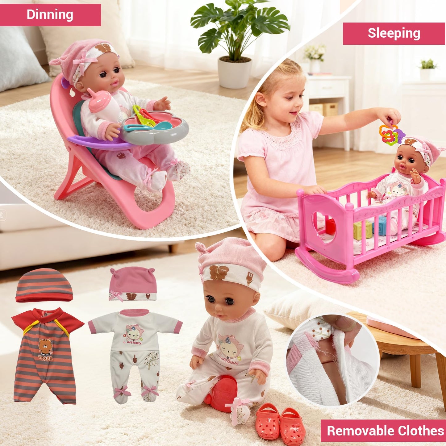 Baby Doll Toys Set with Stroller, Crib, Dining Chair, Realistic Doll Accessories for Kids Pretend Play, Dolls Care Toys Playset for Girls Toddler Ages 3 4 5 6