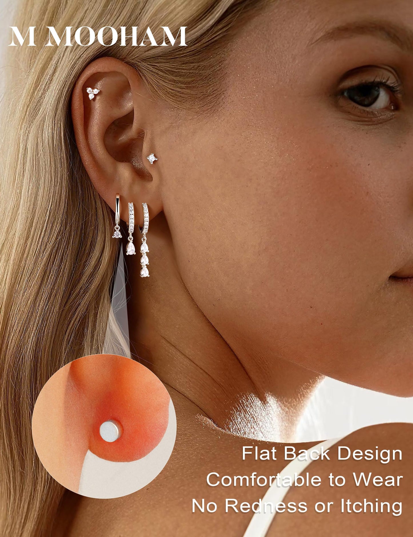 M MOOHAM Silver Dangle Earrings for Women, Drop Dangling Earrings Stacks Set Dainty Silver Hypoallergenic Cubic Zirconia CZ Hoop Earring Flat Back Stud Cartilage Earring Jewelry Gifts for Women