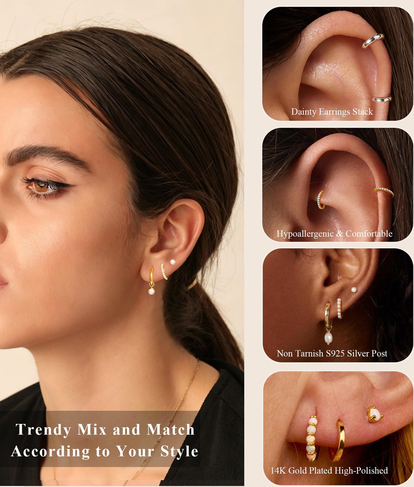 DORANA Gold Pearl Hoop Earrings for Women Non Tarnish Small Huggie Earrings 925 Hypoallergenic Cartilage Stackable Sleeper Hoops Gold Stacks Sets for Multiple Piercing,3 Pairs