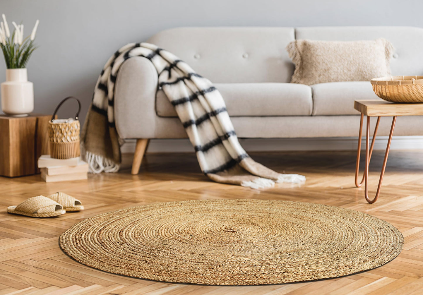 Hausattire Hand Woven Jute Braided Rug, 4’ Round – Natural, Reversible Boho Entry Area Rugs for Kitchen, Living Room I Farmhouse Decorative Floor Rug, 4 Feet Round