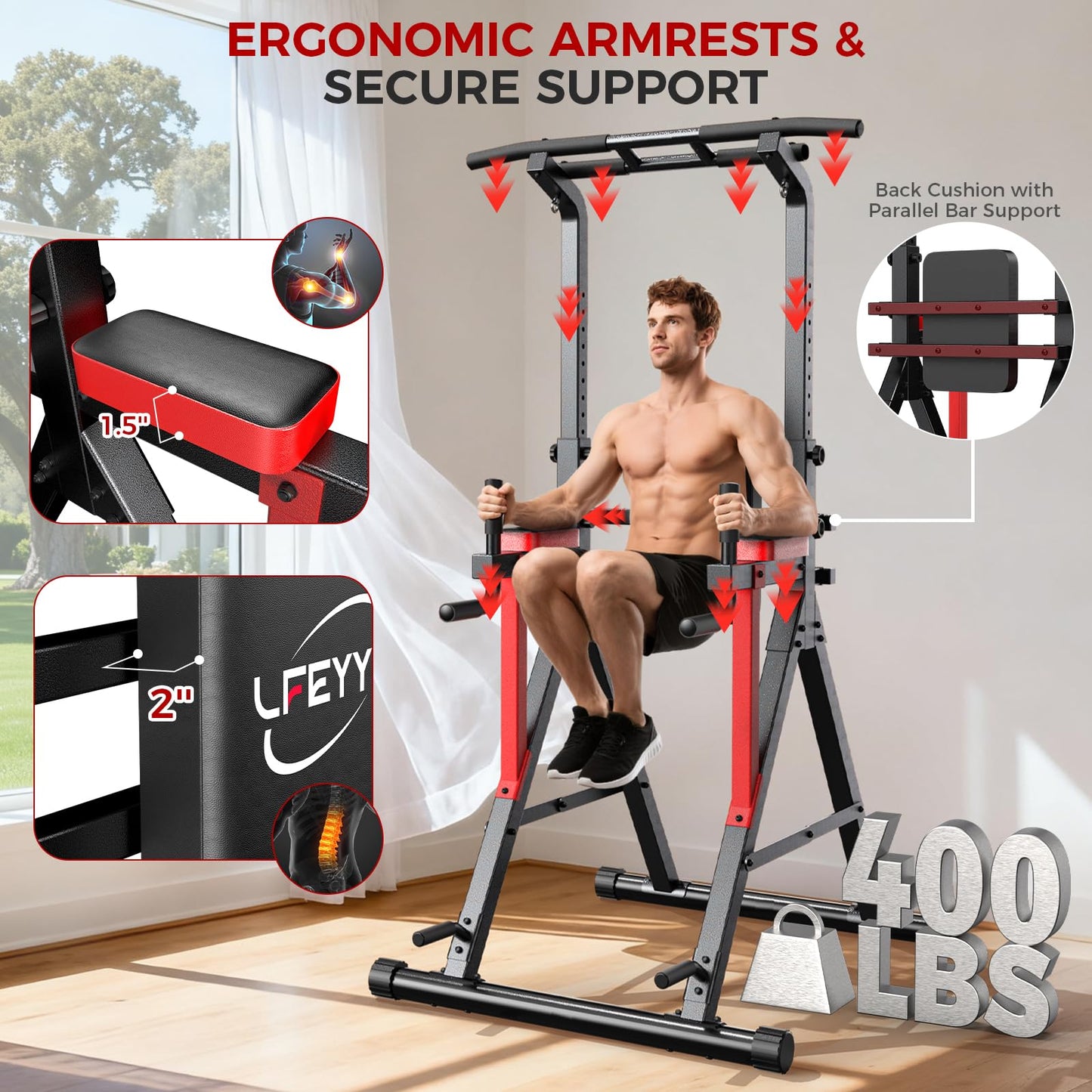 Power Tower Pull Up Bar Free Standing,13-Level Adjustable Height Dip Station with X Frame Stability, Multi-Grip Handles,Backrest，Home Gym Strength Training Equipment 400LBS Capacity