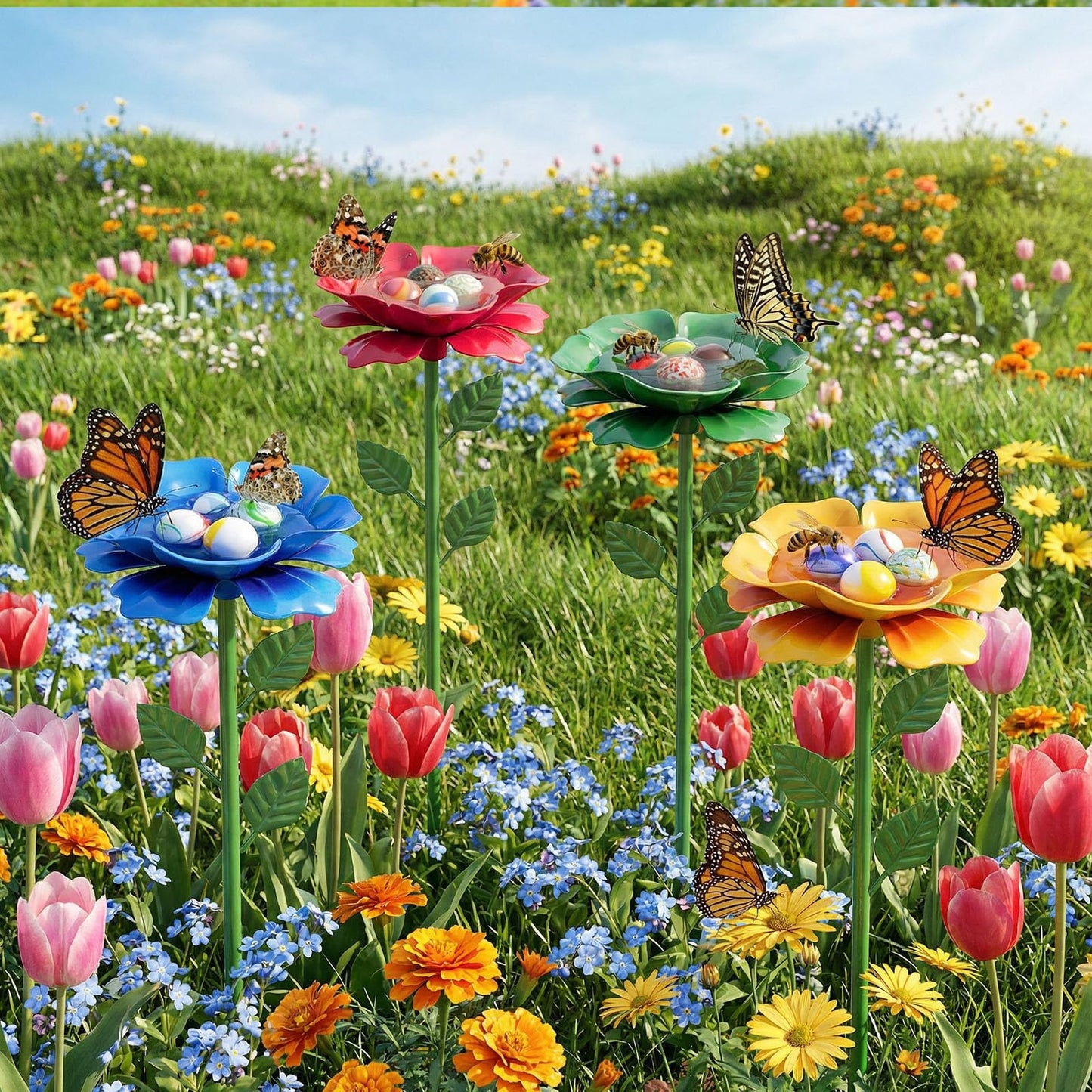 4 Pack Bee Watering Station, Butterfly Feeder, Bee Baths with 50 Glass Marbles, Bee Cups Water for Bees Garden, Outdoor Colorful Flower Design (Red,Green,Blue,Yellow)