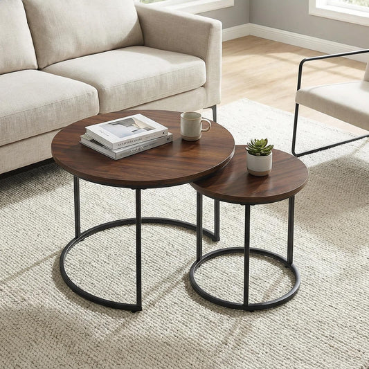 Round Nesting Coffee Table Set of 2, Modern Marble Pattern Wooden Nesting Tables, Stacking Minimalist End Table for Living Room Bedroom Small Space, Wood Brown and Black