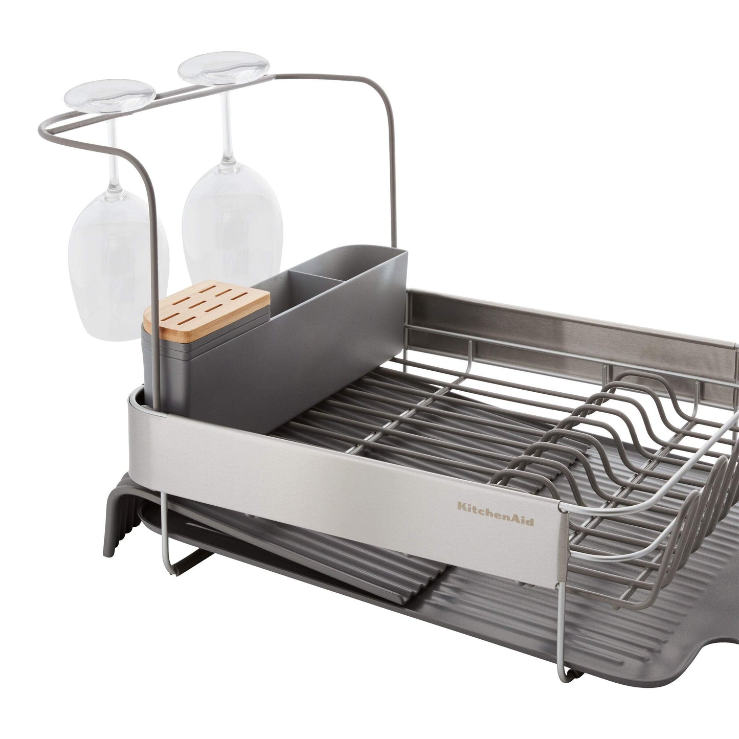 KitchenAid Compact to Full Size Expandable, Rust Resistant Satin Coated Dish Rack with Angled Self Draining Drain Board and Removable Flatware Caddy, 24-Inch, Charcoal