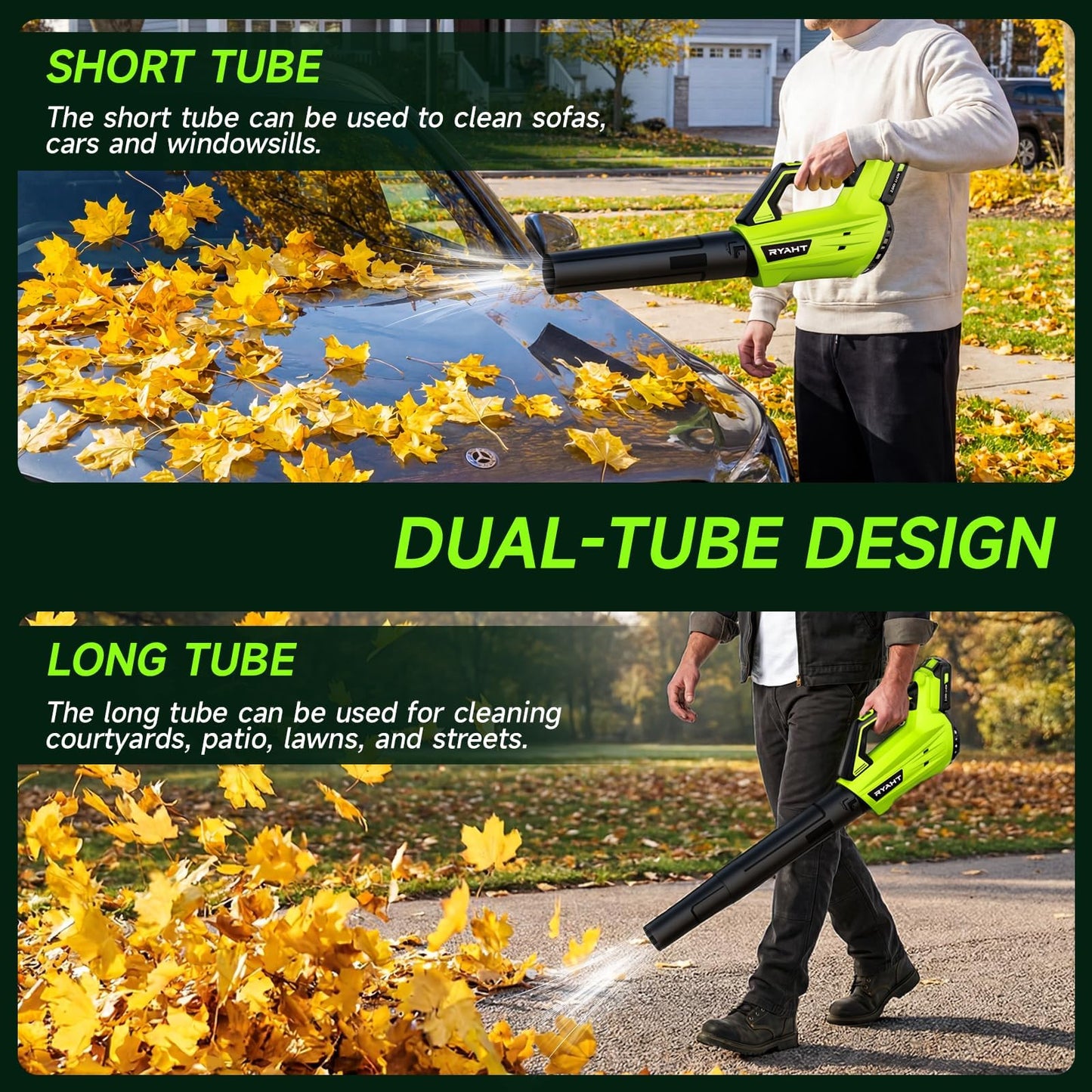 Leaf Blower Cordless, Leaf Blower with Battery and Charger - 2 Speed Modes, 2 Batteries, 20V Powerful Lightweight Electric Blowers for Blowing Leaves, Lawn Care, Patio Cleaning and Dust, Green