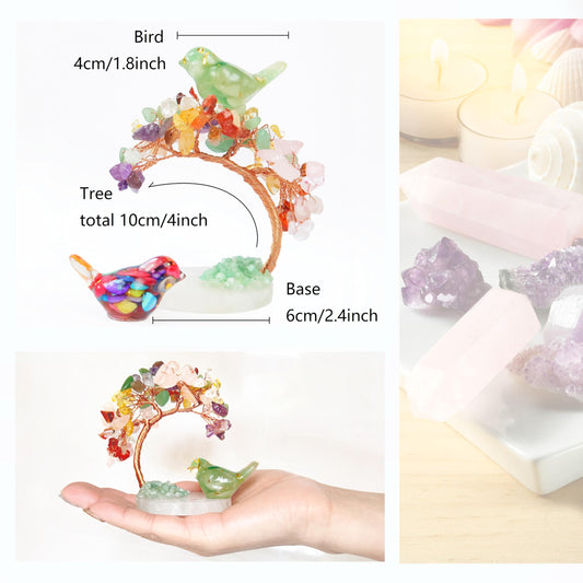 Small Birds Statues with Healing Crystal Tree, Home Decor Modern Style Birds with Tree of Life for Positive Energy. Decorative Ornaments for Living Room, Bedroom, Office Desktop, Cabinets (Colorset2)