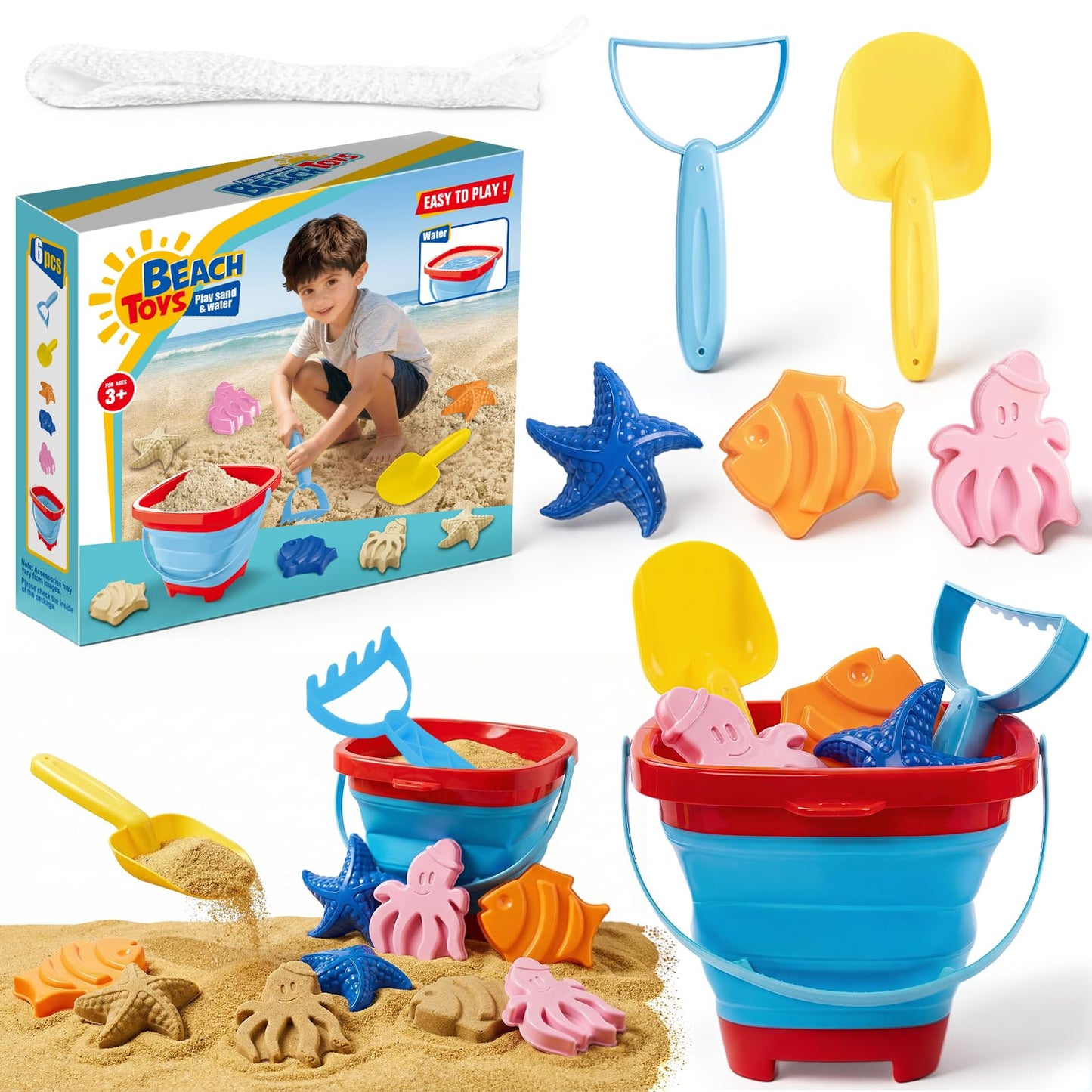 Cozycharm Beach Sand Toys Set for Toddlers, Portable Travel Beach Toys with Collapsible Bucket, Shovel, Rake, 3 Molds & Mesh Storage Bag for Kids, Summer Gift