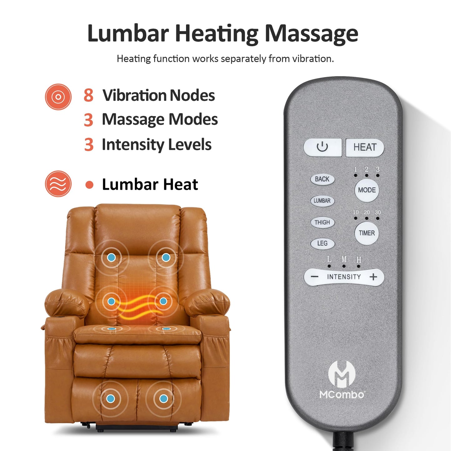 MCombo Dual Motor Large Power Lift Recliner Chair for Elderly, Lay Flat Lift Chair with Heat and Massage, Big Lift Recliner for Tall People, Faux Leather 7896 (Tawny, Large)