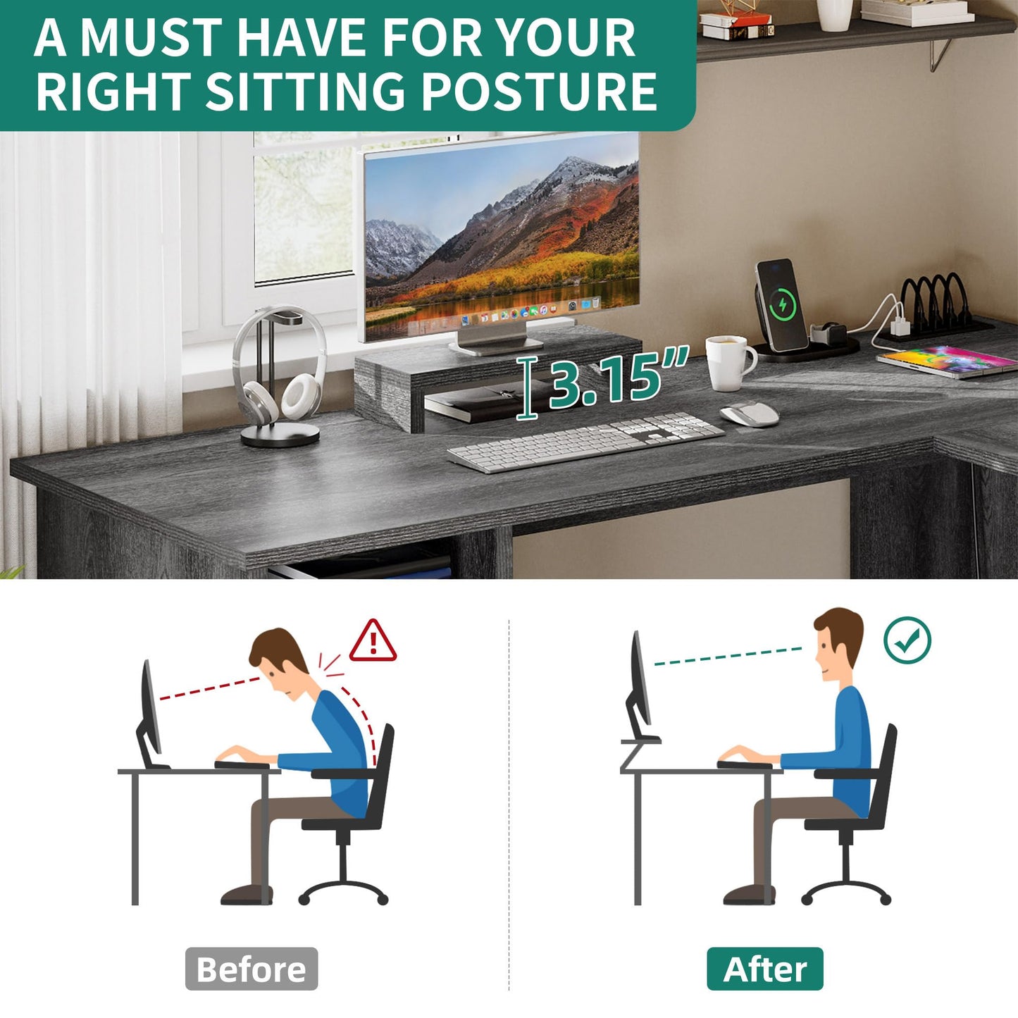 YITAHOME L Shaped Desk with Power Outlets, 60 Inch Computer Desk Corner Desk with File Drawer, Home Office Desk with Monitor Stand & Storage Shelves, L-Shaped Desk with File Cabinet, Grey