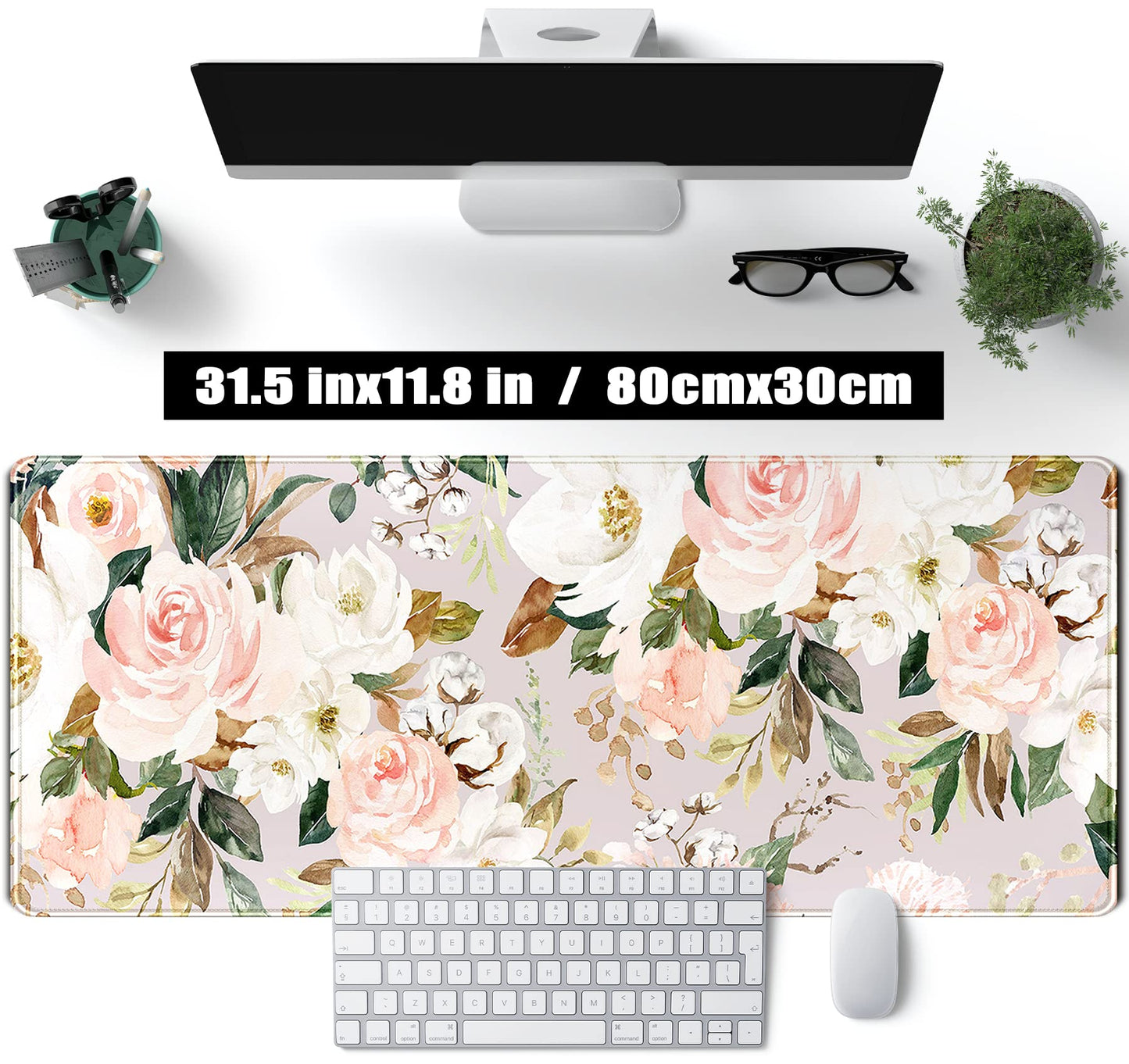Pink Flowers Keyboard Pad PC Gaming Desk Mat Desk Mouse Pads Green Leaves Floral Mouse Pad Large, Computer XL Big Mousepad Deskpad Mat with Stitched Edge for Women Home Office Decor 31.5x11.8 in