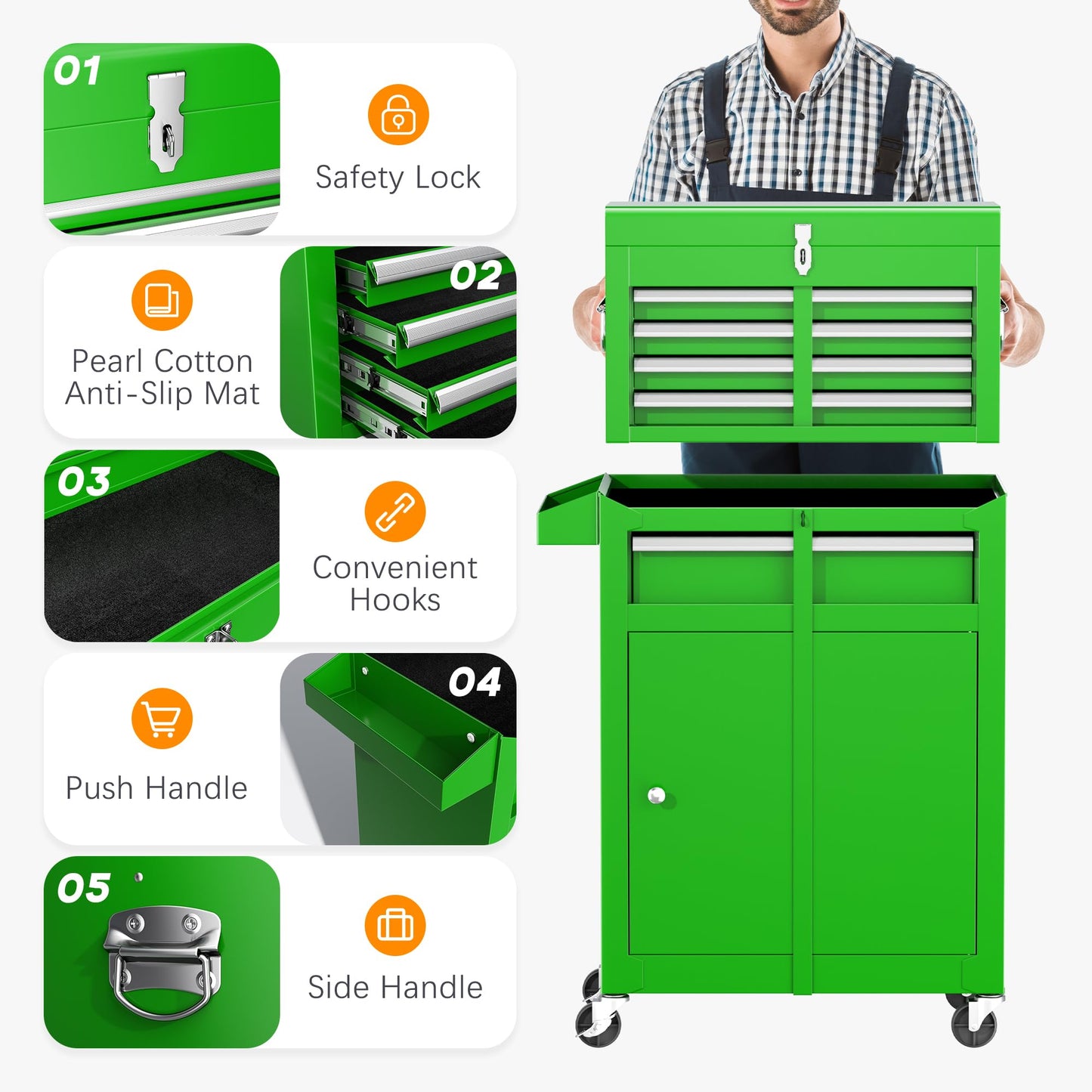 INTERGREAT 5-Drawer Rolling Tool Chest with Detachable Top Tool Box, Universal Lockable Wheels, Metal Tool Chest for Garage, Workshop, Barbershop (Green)