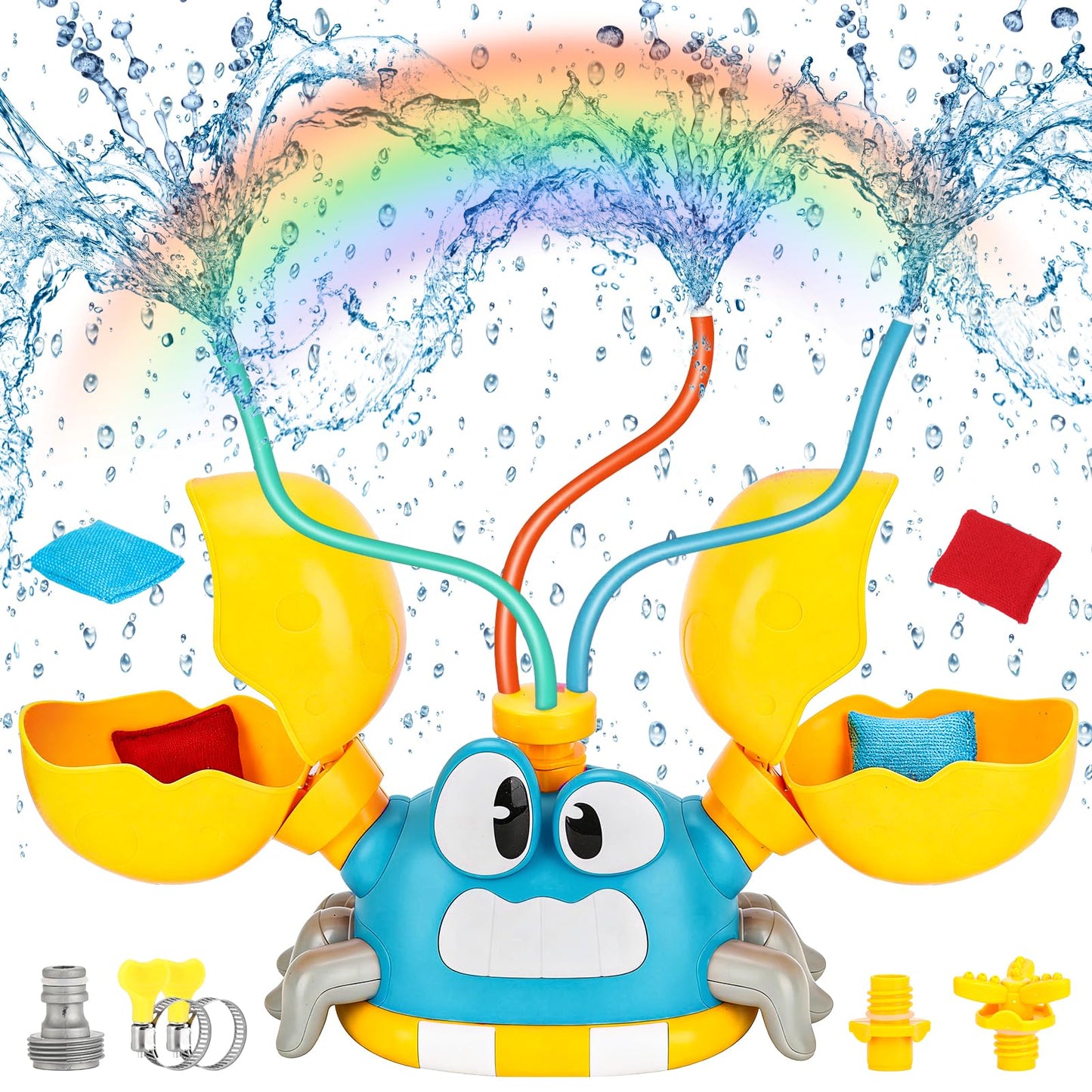Water Sprinkler for Kids Toddlers, 4 in 1 Crab Sprinklers for Yard with 3 Spray Patterns & 4 Bean Bags for Toss Game, Kids Sprinklers for Outside Backyard, Summer Toys Water Fun for Kids 3 4 5 6 7 8
