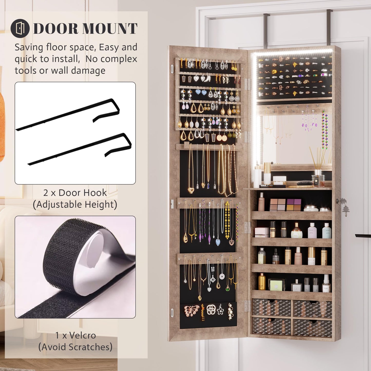 Vlsrka 47.2 Inch Full Length Mirror with Storage, Wall Mount Mirror Jewelry Cabinet, Over The Door Hanging Jewelry Armoire Organizer, Built-in Light, 4 Drawers, 5 Shelves, Christmas Gift (Wood)