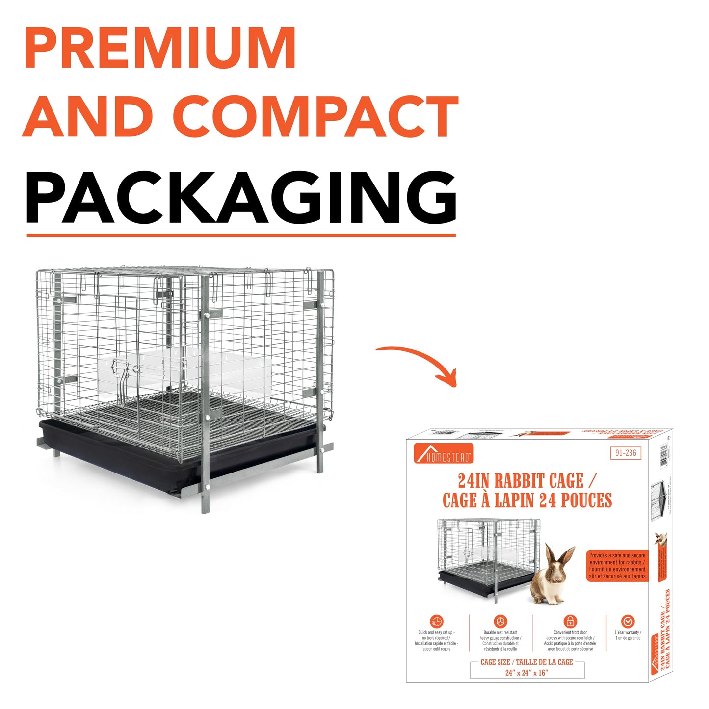 HOMESTEAD Rabbit Cage with Pull-Out Tray – 24 Inch Bunny Cage, Metal Rabbit Breeding Cage, Dual Access Doors, Waterproof Bottom & Urine Guard