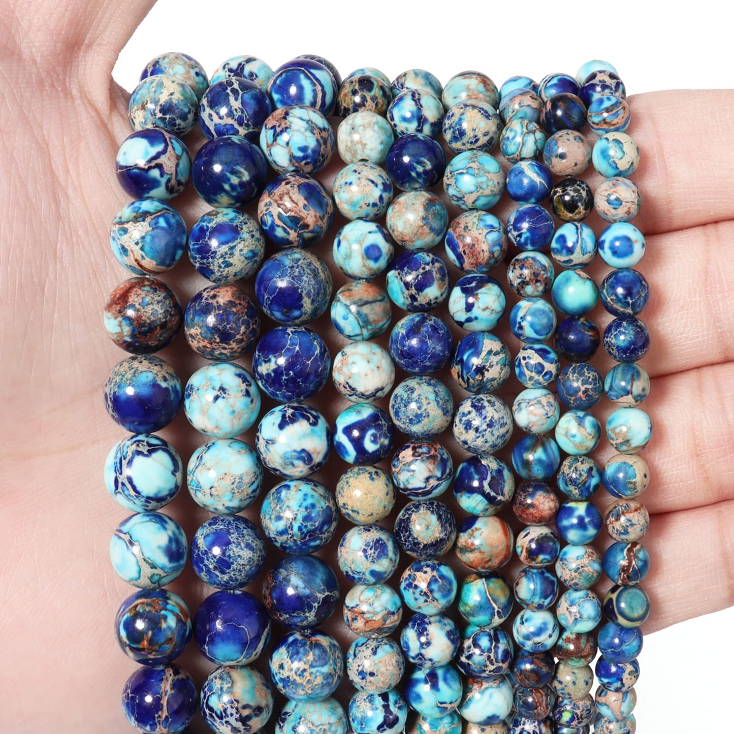 60pcs 6mm Natural Mixed Blue Imperial Jasper Gemstone Beads Energy Healing Crystal Round Loose Stone Beads for Jewelry Making, DIY Bracelets Necklaces