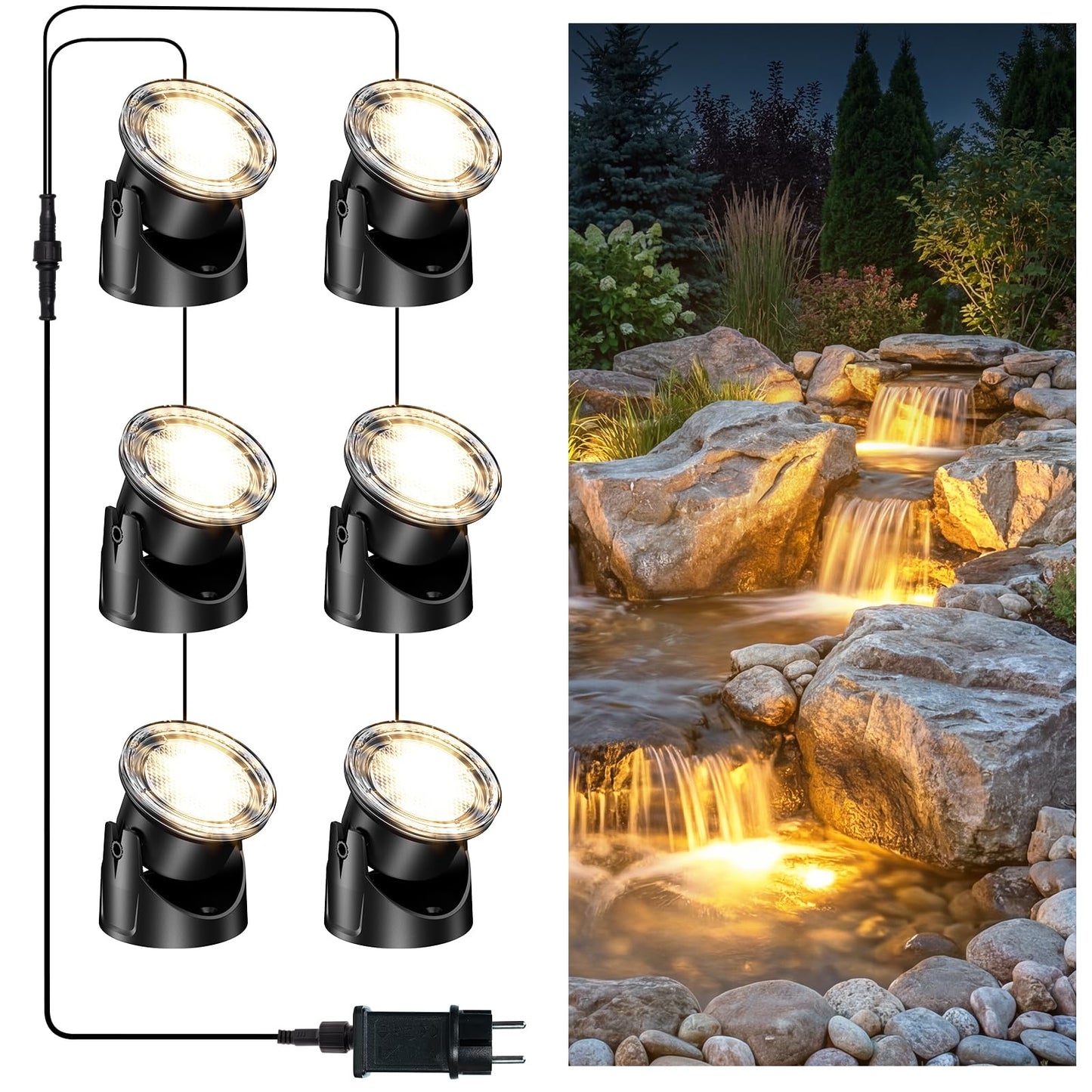 POPOSOAP LED Underwater Pond Lights 6-Head, IP68 Waterproof Pond Lights with Timer, 90° Rotatable Design & Gravity Base Fountain Lights for Pond Fountain Waterfall Aquarium Pool -P66HZ
