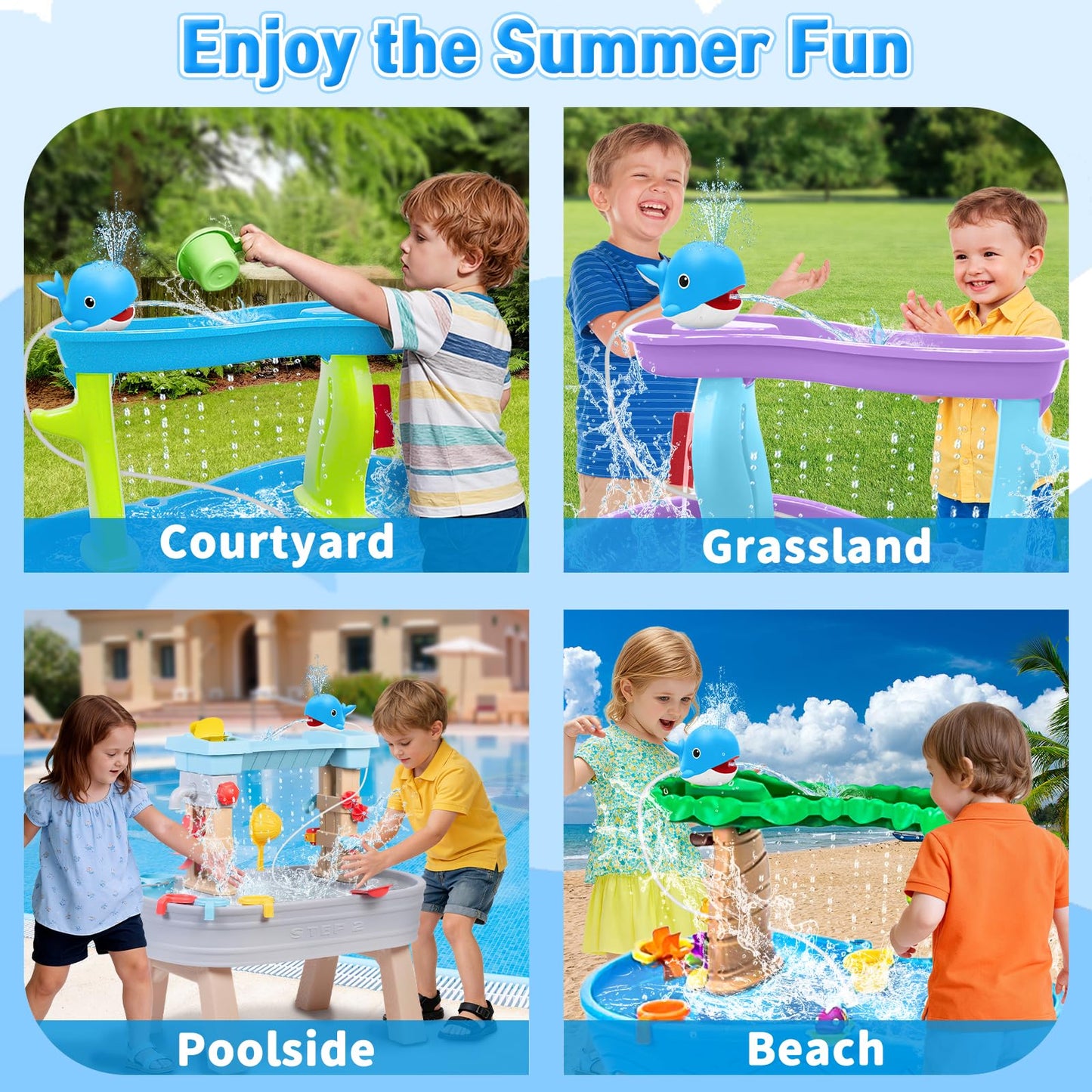 Infowush Water Table Pump, Whale Rechargeable Water Pump for Water Table with Sprinkler, 3.5 Hours Non-Stop Fun Summer Outdoor Water Toys Outside Water Play Table Accessories for Kids Toddlers, Blue