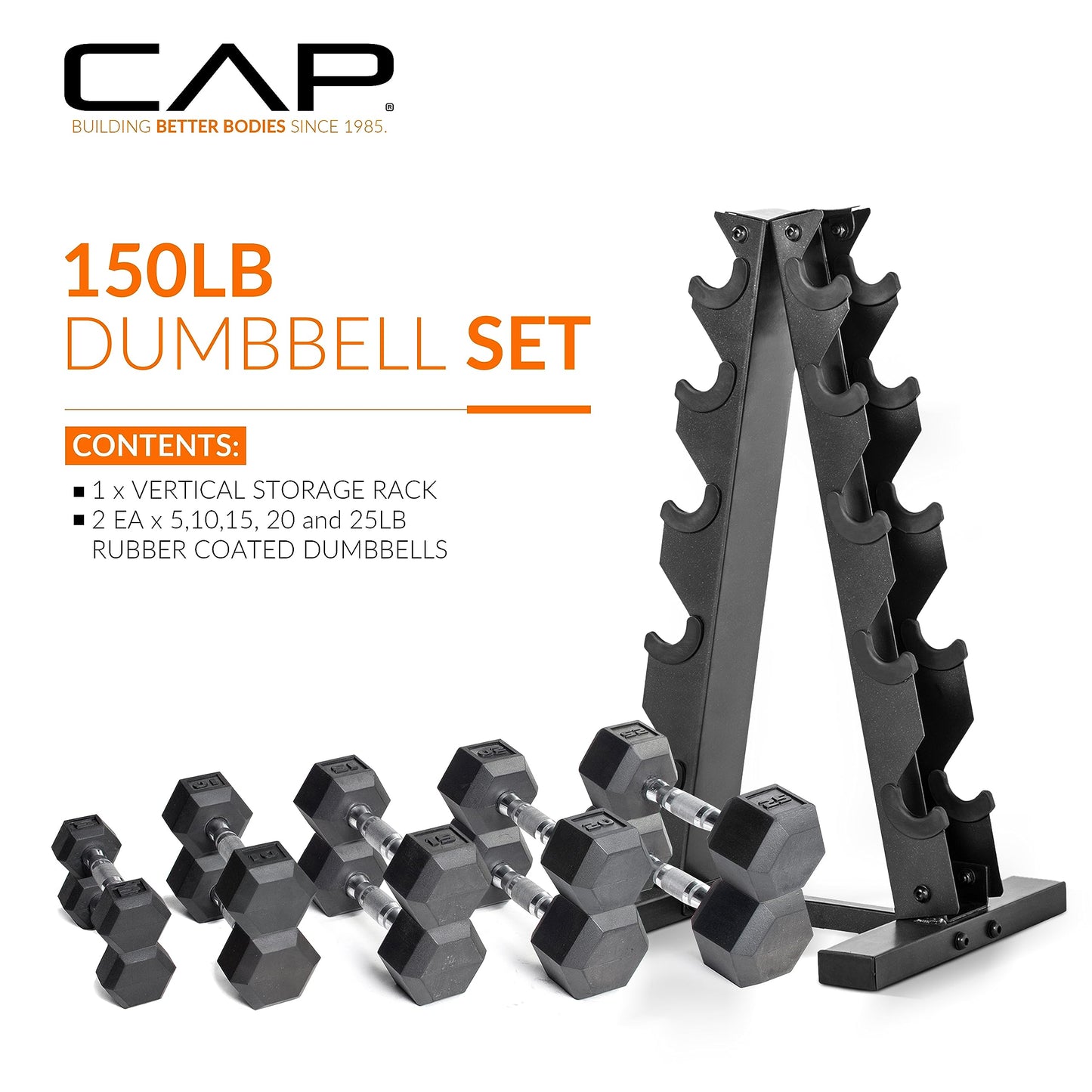 CAP 150 LB Rubber Coated Hex Dumbbell Hand Weight Set with Vertical Storage Rack - Chrome Handle | Red Rack