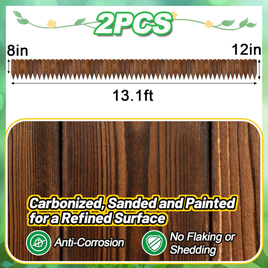 Rustic Pine Wood Garden Fence - 26.2ft Total Length (2pcs 13.1ft L*12in H) Easy to Install Sturdy Wooden Landscape Edging Border, No Fading Planter Fencing for Yard Flower Bed Lawns Pathway Tree