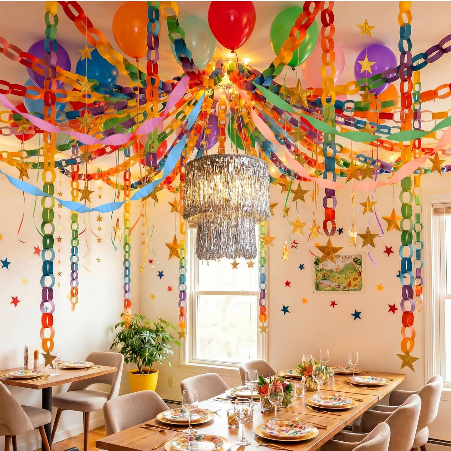 Blueweenly Fancy Princess Birthday Party Decorations Set Paper Chain Garland Strips DIY Crafts Crepe Paper Streamer Glitter Star Fringe Chandelier Balloons for Wedding Birthday(Rainbow,Small,8 Pcs)