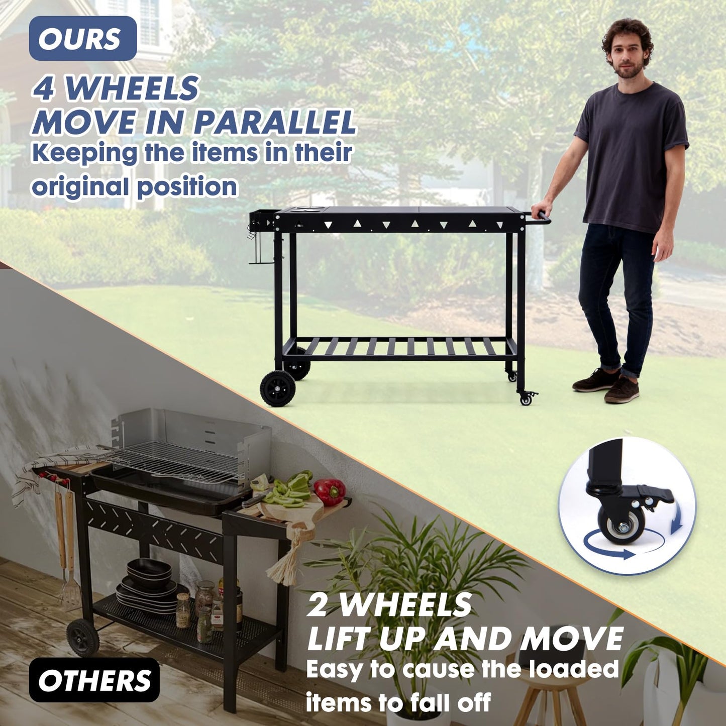 GVGBUK Portable Outdoor Grill Table with Wheels, Heavy-Duty Griddle Stand Grill Cart with Shelves,Towel Holder, Spice Pots & Bottle Opener, Multi-Functional BBQ Prep Station & Utility Cart