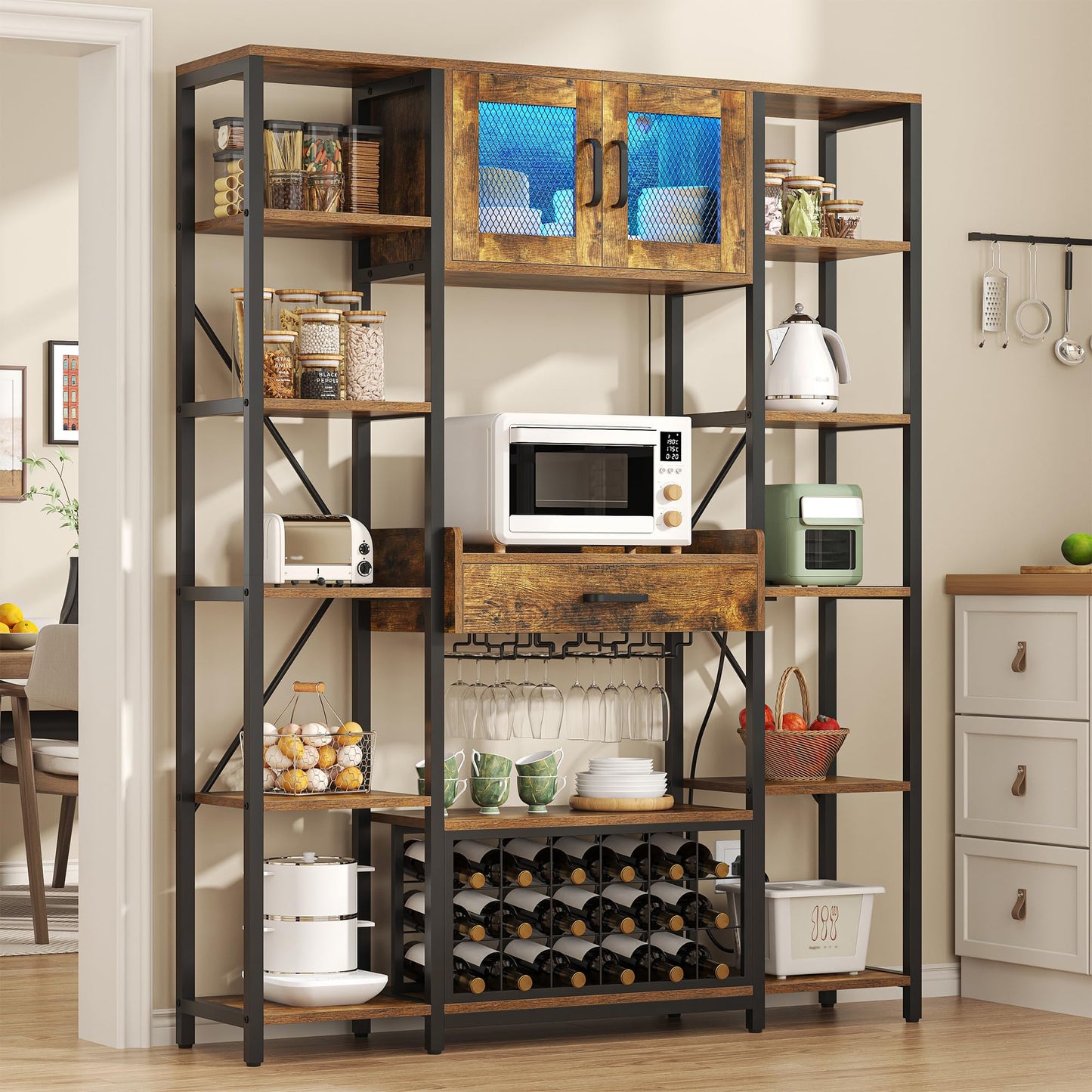 Semoic Wine Bar Cabinet with LED Lights, 65.35'' Tall Industry Coffee Bar Cabinet with Drawer and Power Outlets, Kitchen Microwave Stand Bakers Rack Cabinet for Liquor and Goblet, Black (Brown)