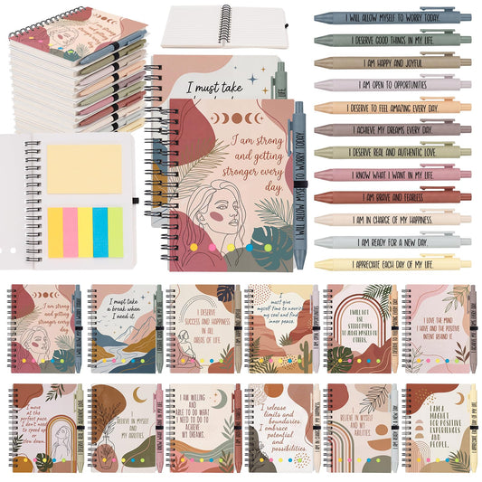 48 Pcs Boho Aesthetic Gifts Bulk, 24 Sets Self-Care Notebooks with Matching Pens & Sticky Notes, Abstract Motivational Journals for Women, Students, Mental Health, Yoga Retreats (5.5 x 4.7 Inch)