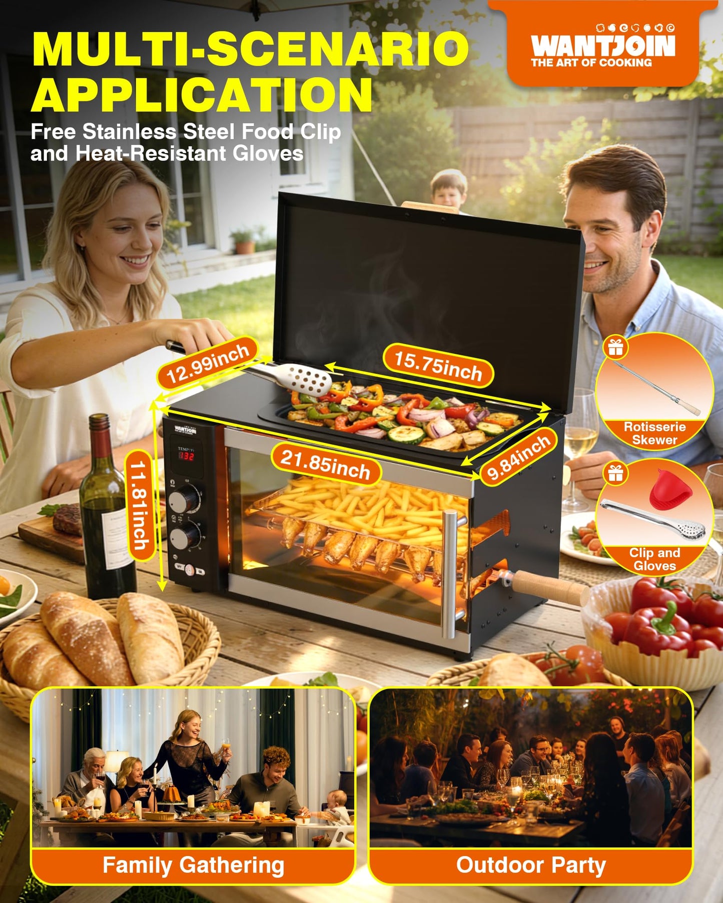 WantJoin Electric Rotisserie Oven - 35L 3-in-1 Rotisserie Grill Oven, Dual Skewers, Grilling Rack, 360°Auto-Rotate Heating, Rotisserie Cooker Machine for Home Kitchen & Party Use,1800W
