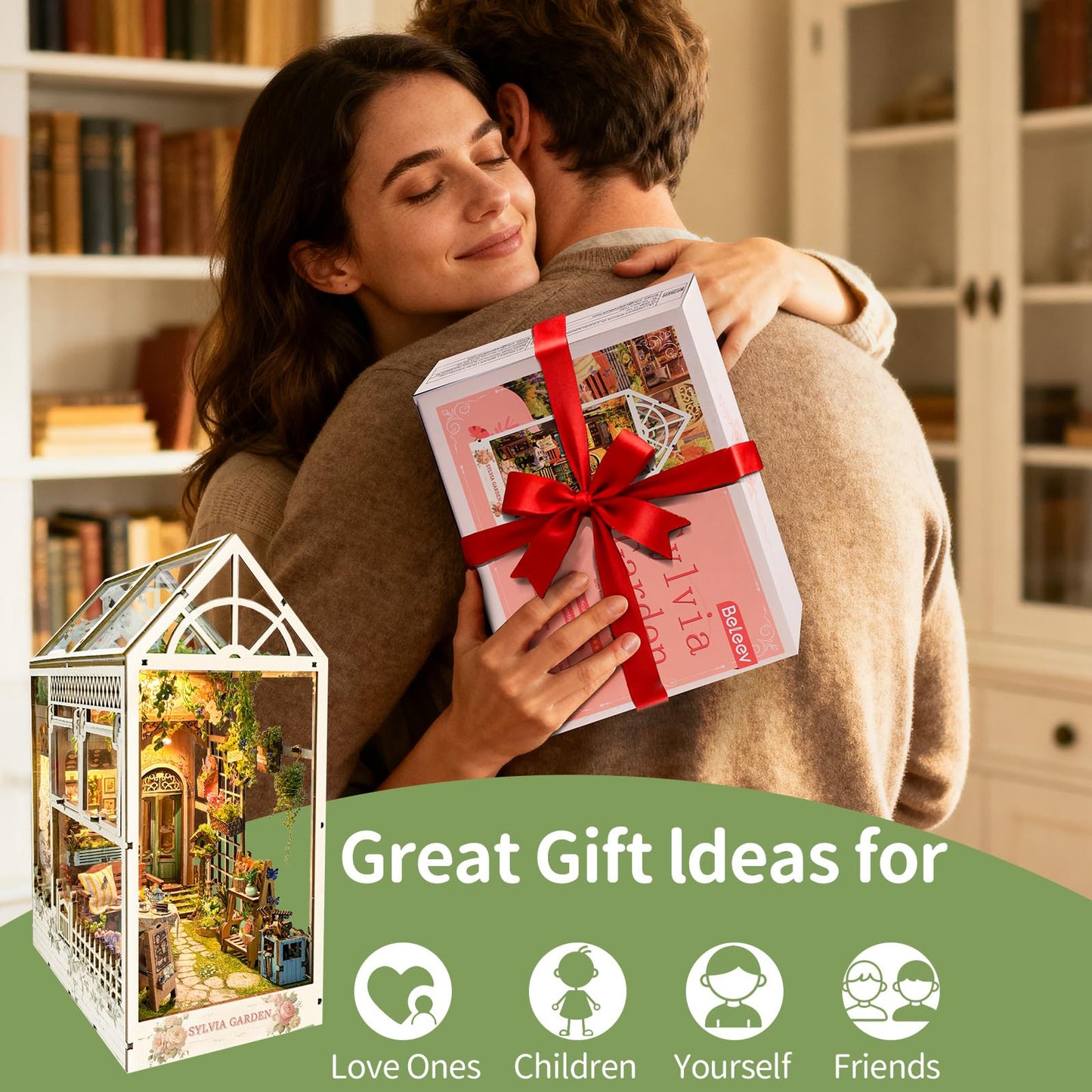 BELEEV Book Nook Kit, DIY Miniature Dollhouse Kit, 3D Wooden Puzzle for Adult and Teens, Booknook Bookshelf Decor Craft with LED Light, Gifts for Women Teens and Puzzle Lovers - Sylvia Garden