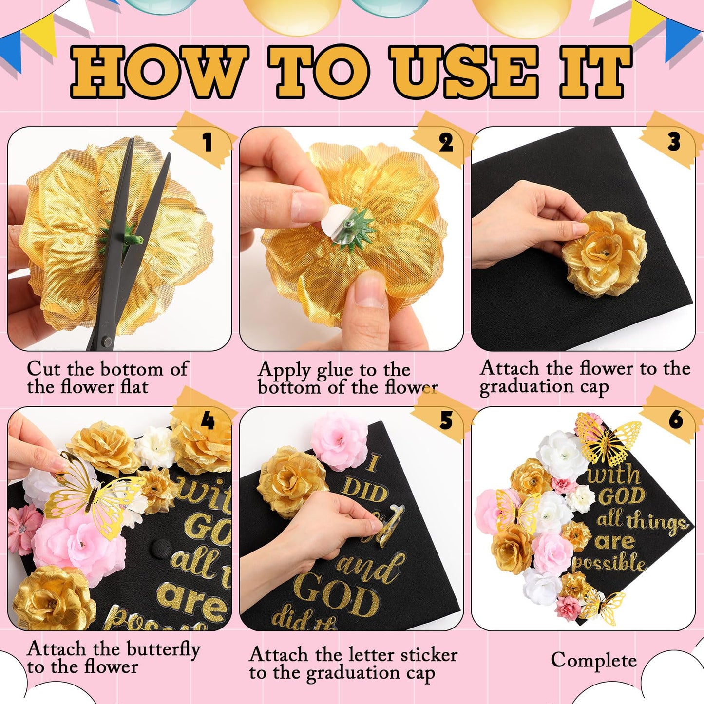 Knitgrip 31 Pcs DIY Graduation Cap Decorations Kit Faux Flower Heads 3D Butterfly Stickers Graduation Quotes Glitter Decals for Grad Hat Topper Graduations Party Supplies(Pink, White, Gold)